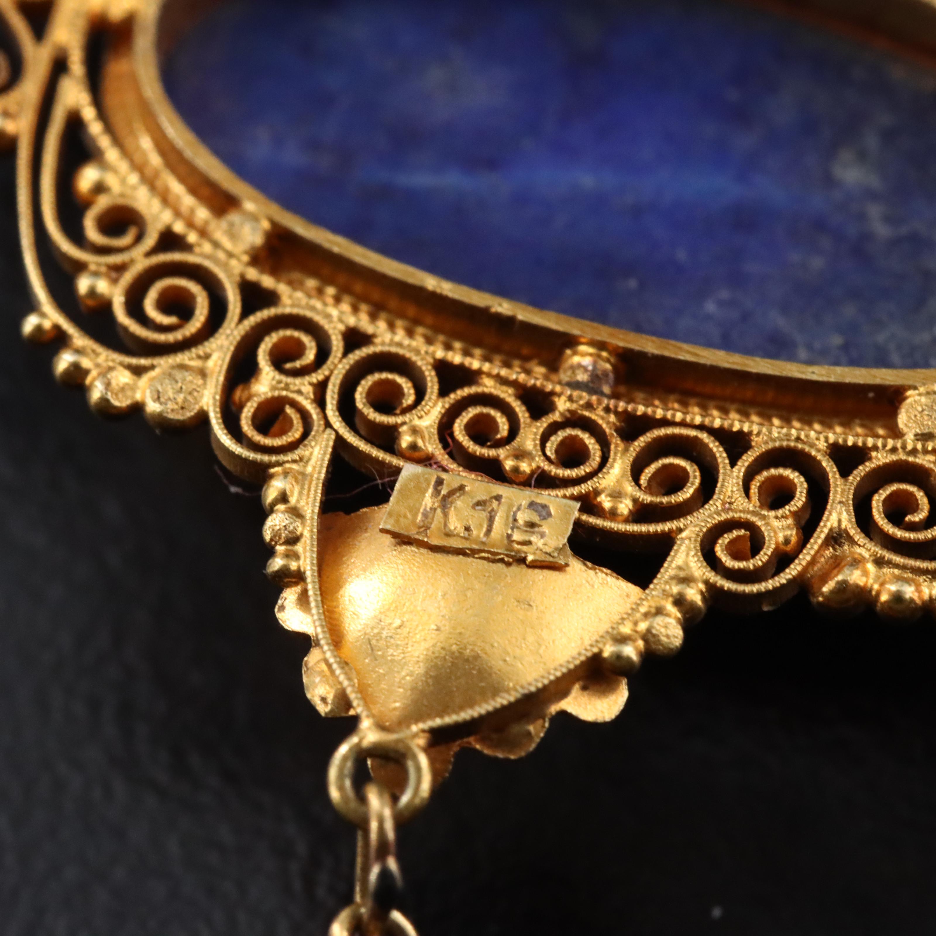 Victorian Etruscan Revival 18K and 14K Lapis Lazuli Cannetille Necklace