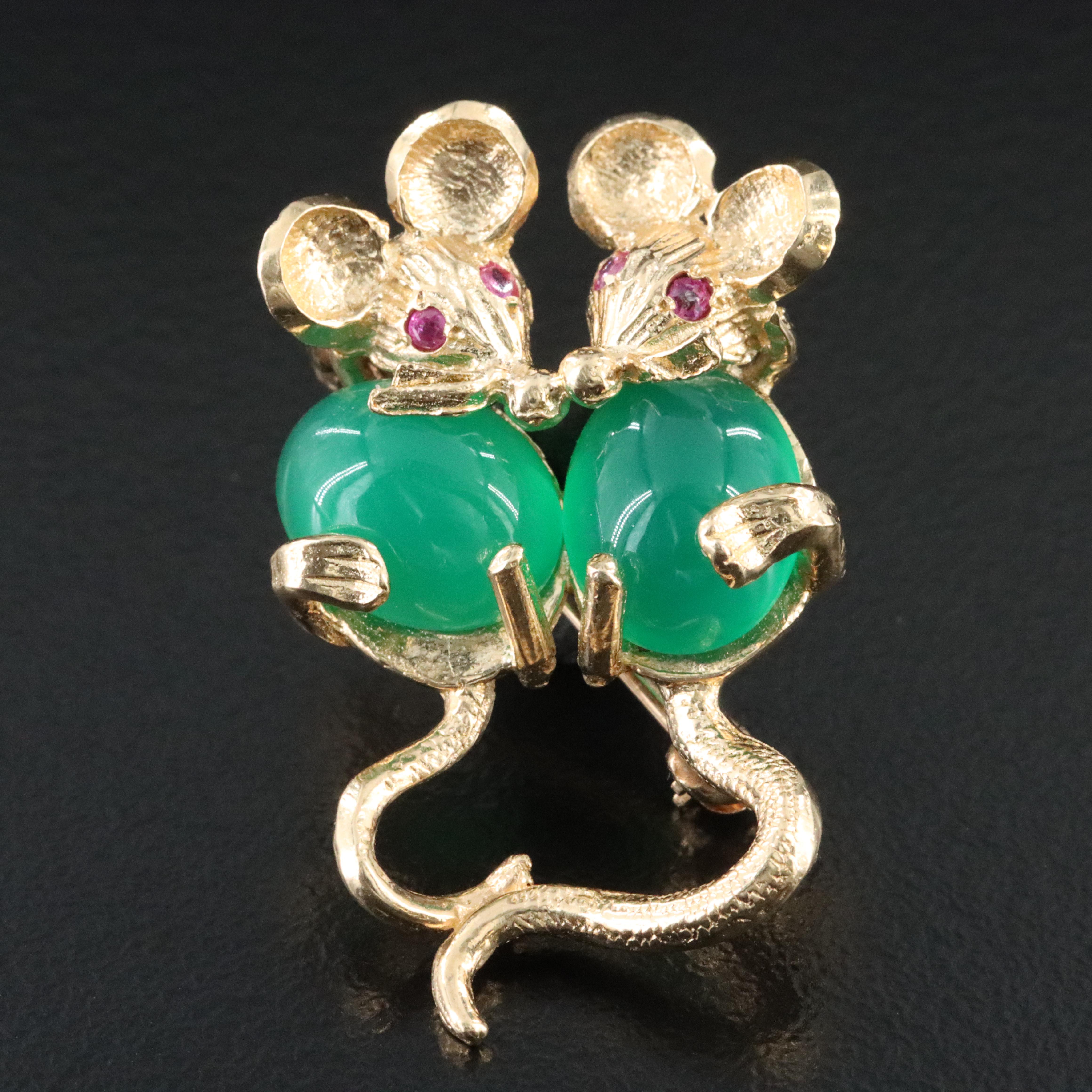 14K Chalcedony and Ruby Pair of Mice Brooch