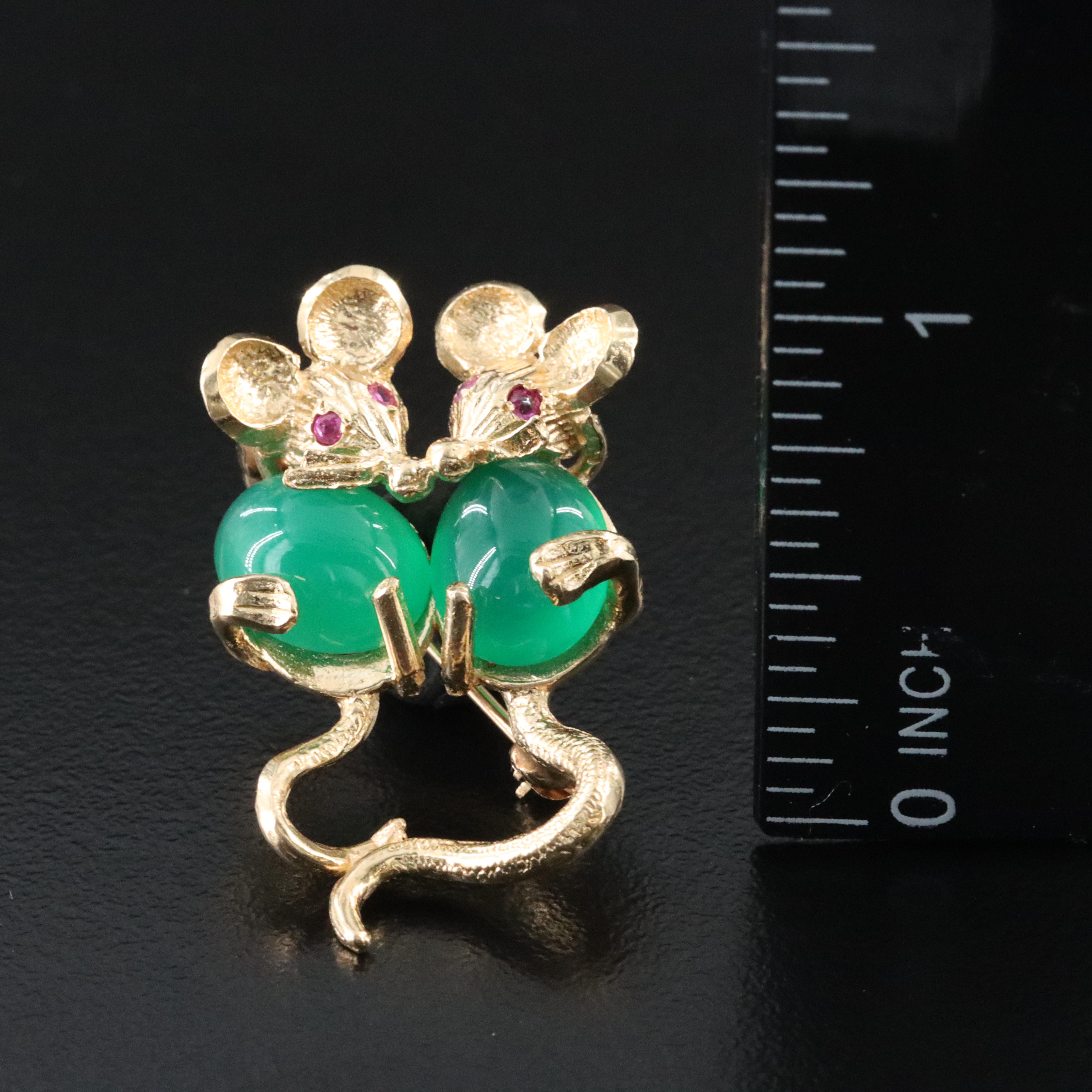 14K Chalcedony and Ruby Pair of Mice Brooch