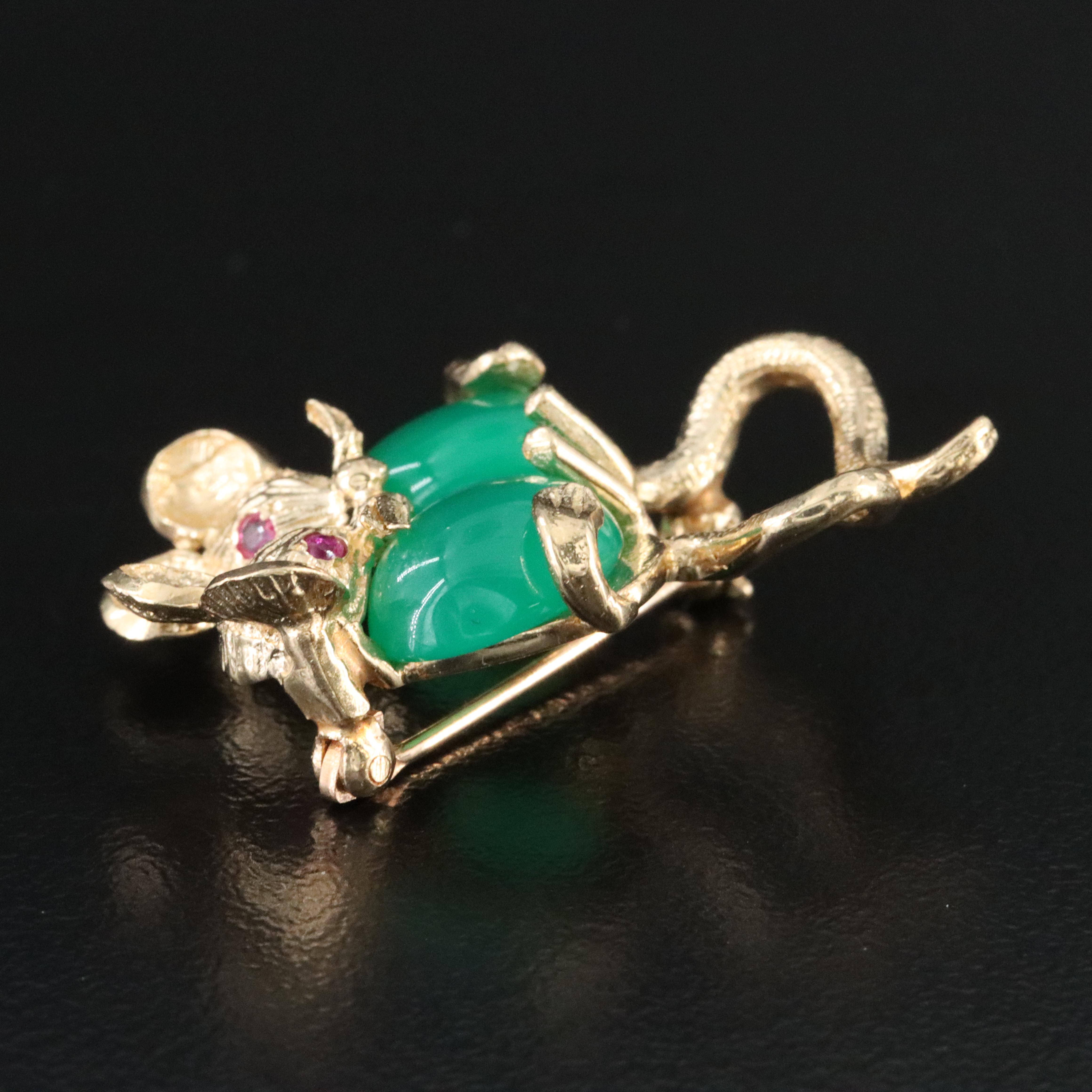 14K Chalcedony and Ruby Pair of Mice Brooch