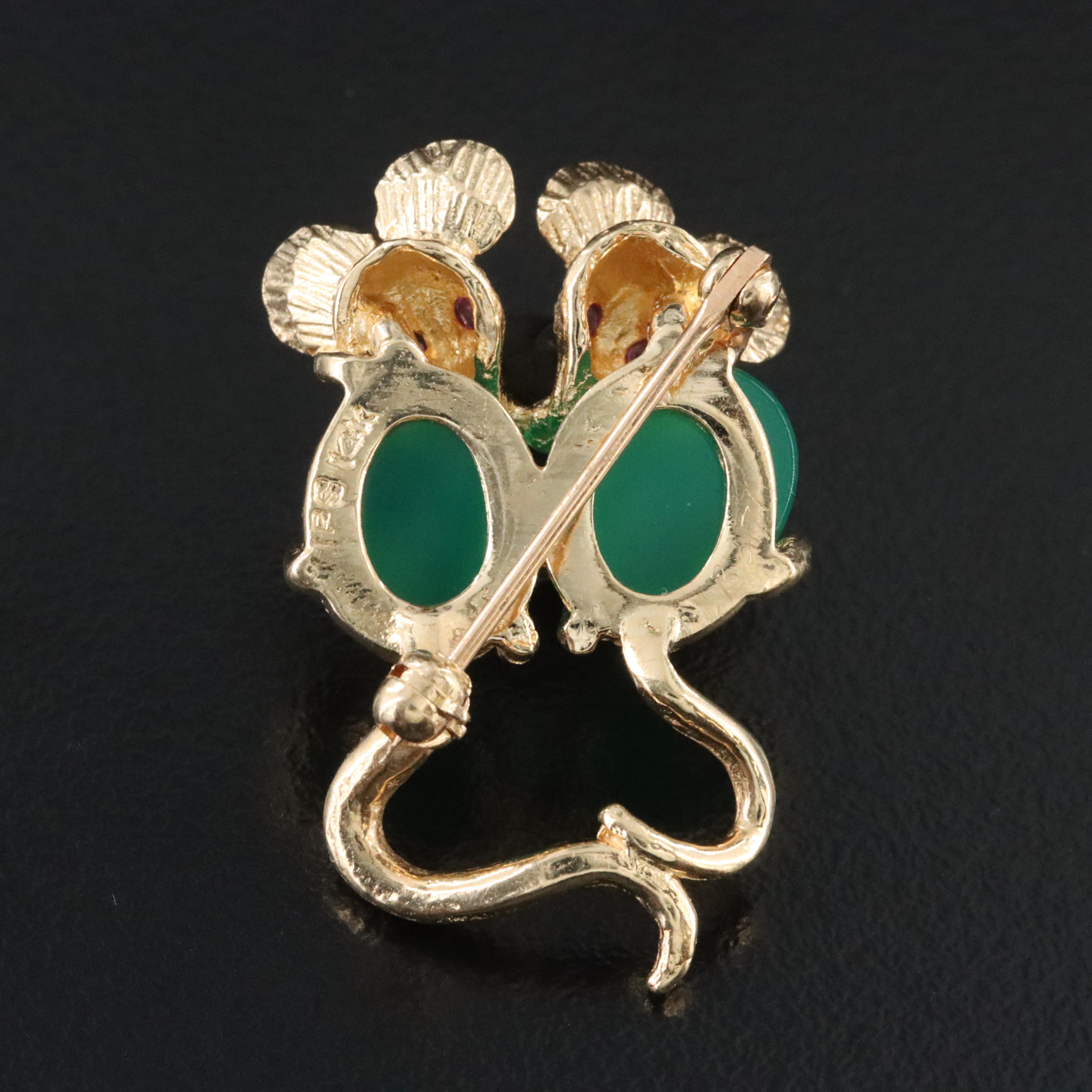 14K Chalcedony and Ruby Pair of Mice Brooch