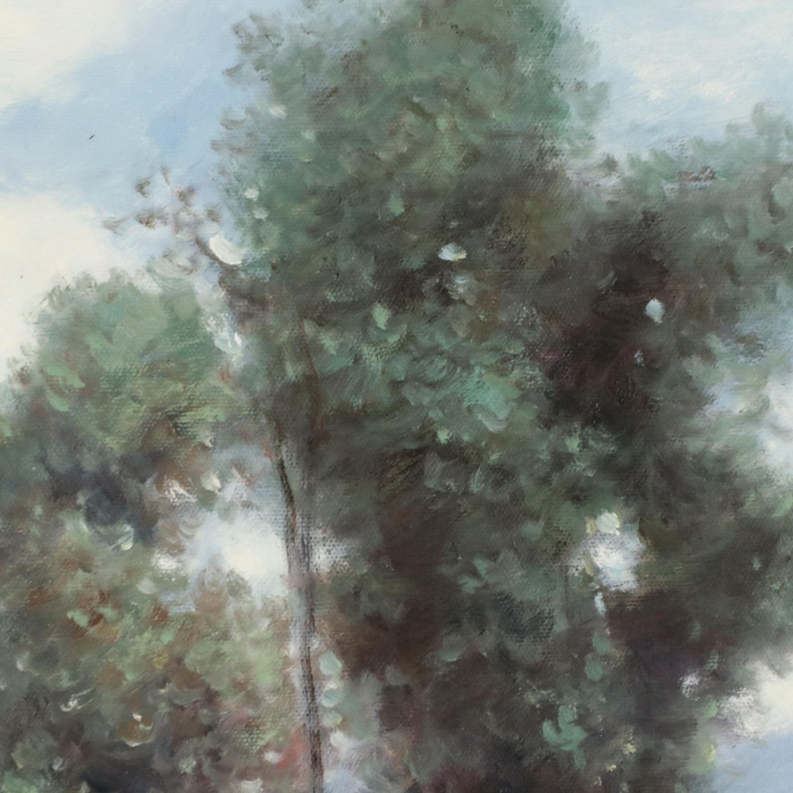 N. Ming Pond Landscape Oil Painting, 21st Century