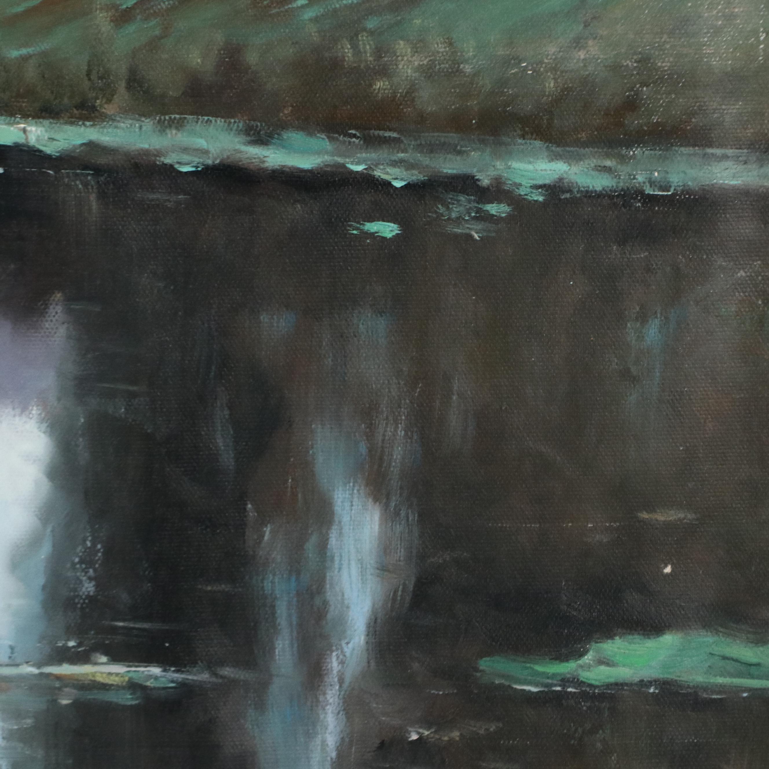 N. Ming Pond Landscape Oil Painting, 21st Century