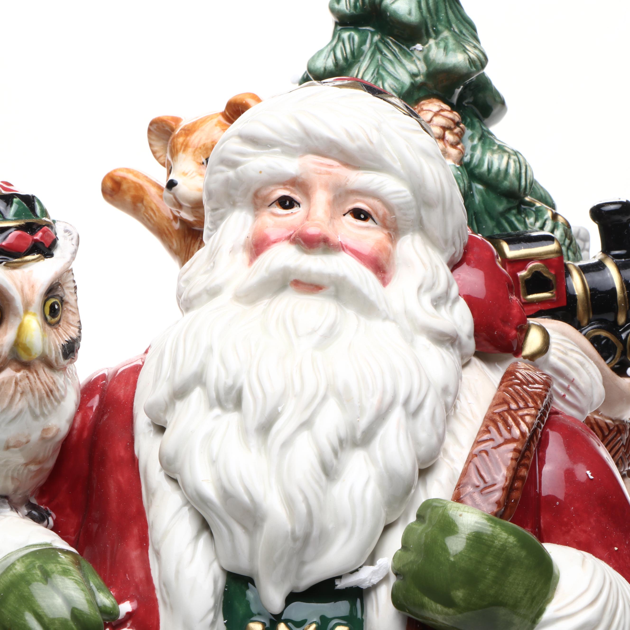 Fitz & Floyd "Christmas Lodge" Ceramic Centerpiece Santa with Gifts and Owl