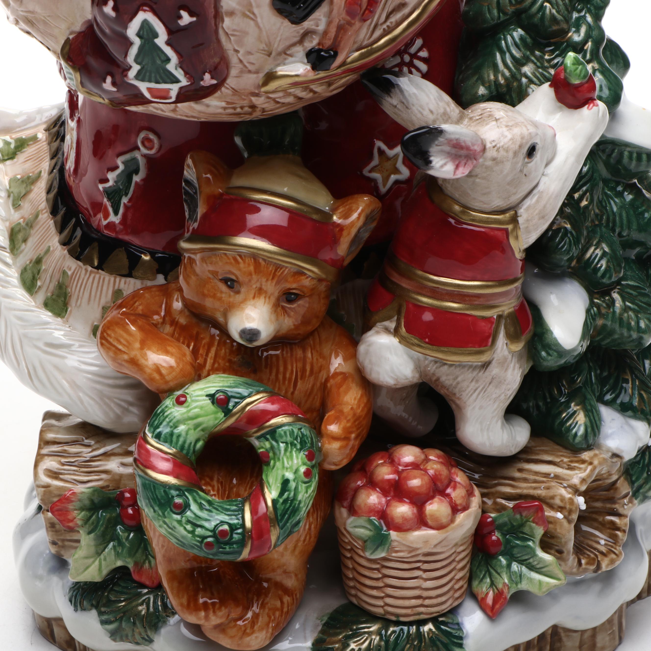 Fitz & Floyd "Christmas Lodge" Ceramic Centerpiece Santa with Gifts and Owl