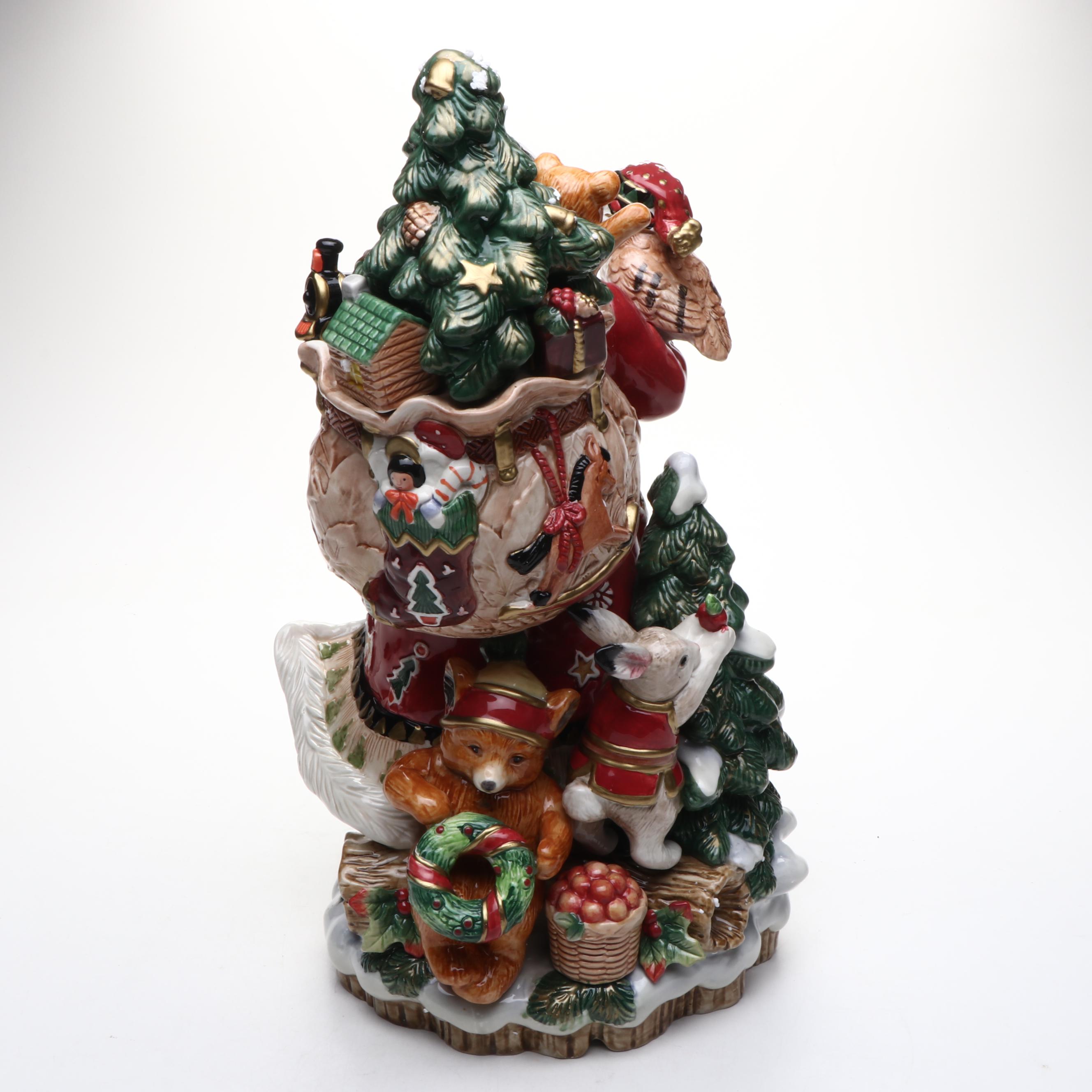 Fitz & Floyd "Christmas Lodge" Ceramic Centerpiece Santa with Gifts and Owl