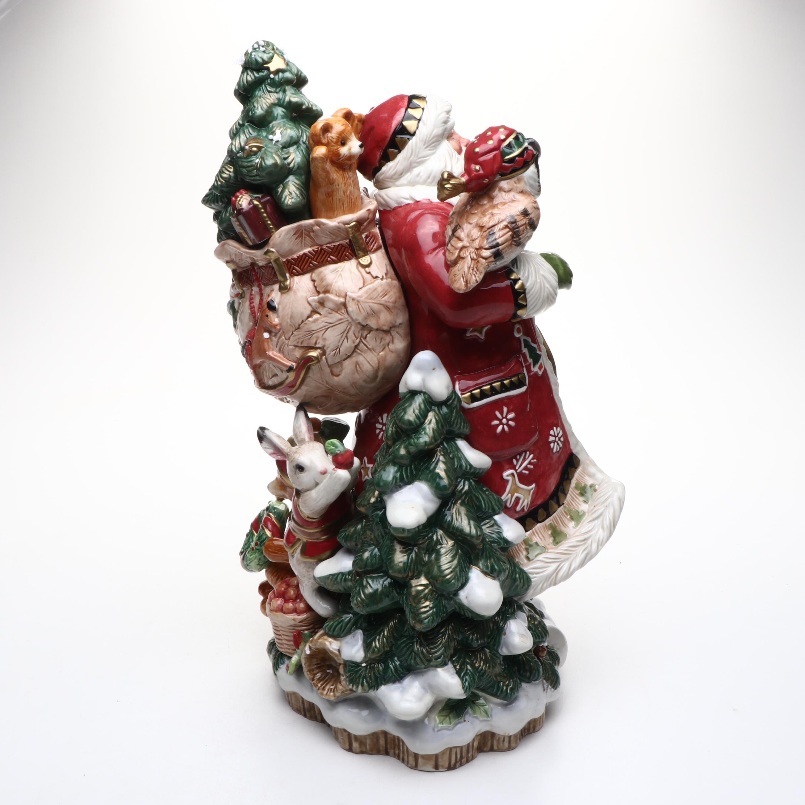 Fitz & Floyd "Christmas Lodge" Ceramic Centerpiece Santa with Gifts and Owl