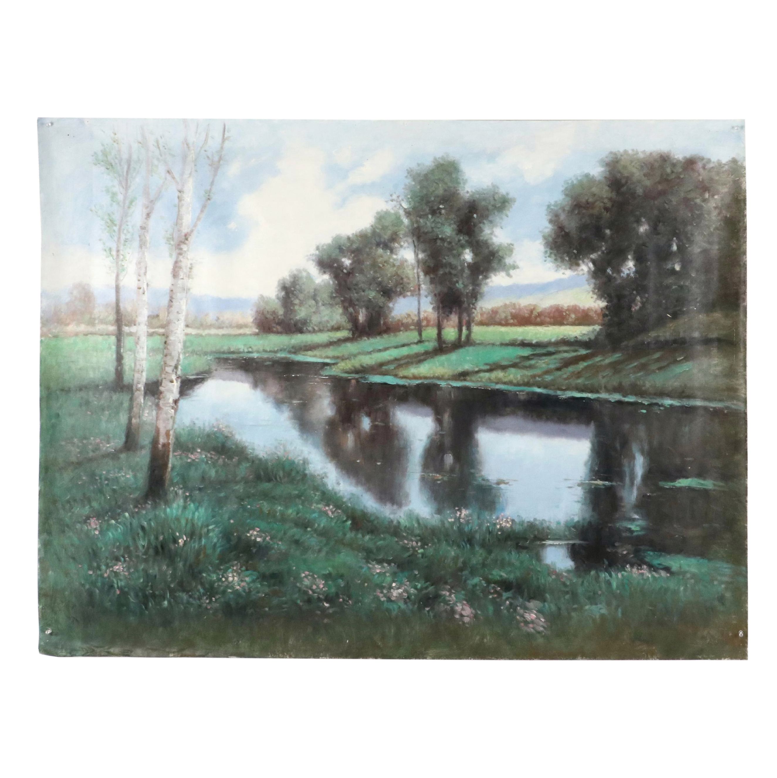 N. Ming Pond Landscape Oil Painting, 21st Century