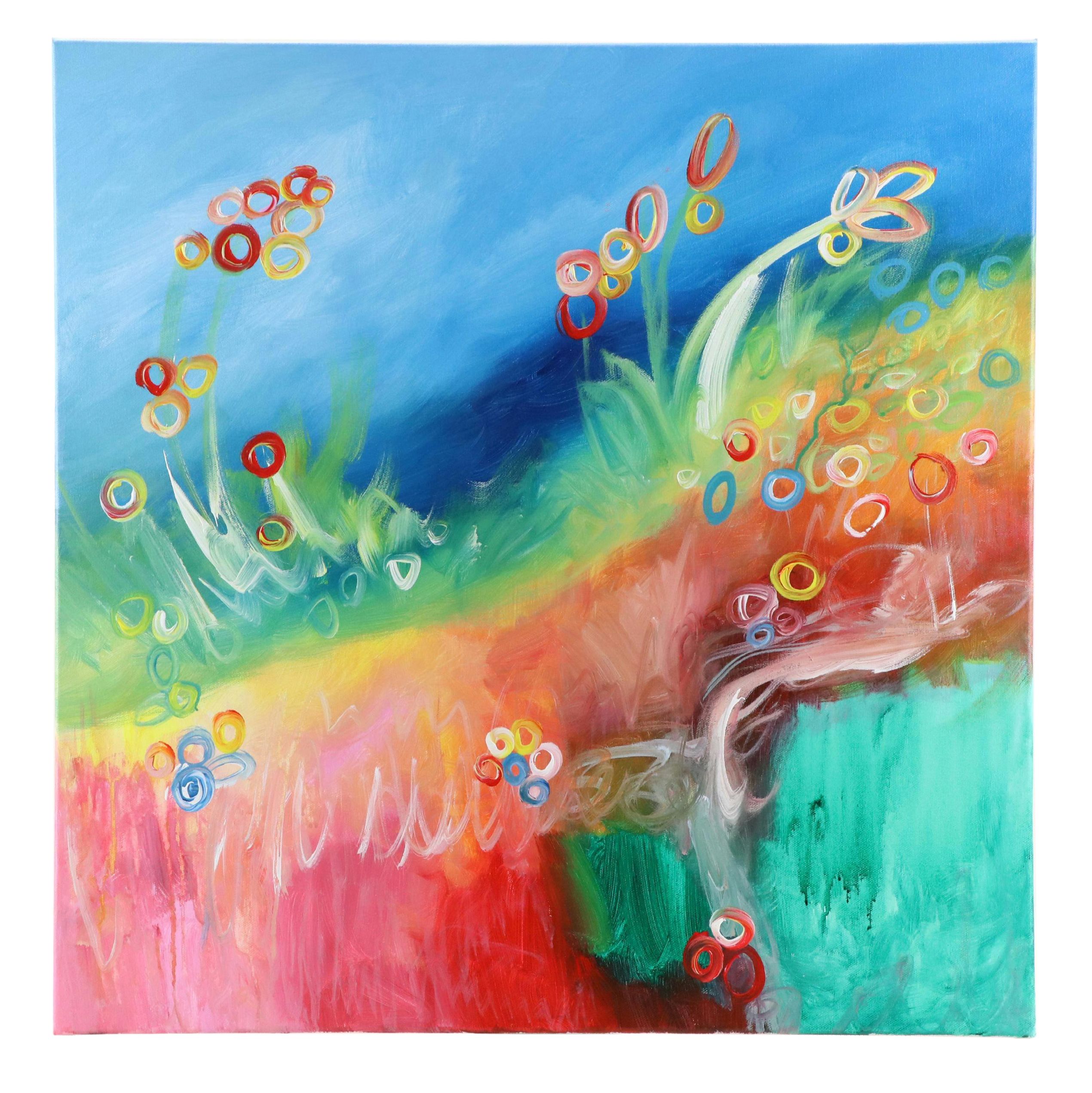 Saul Gefen Stylized Floral Landscape Acrylic Painting, 2025