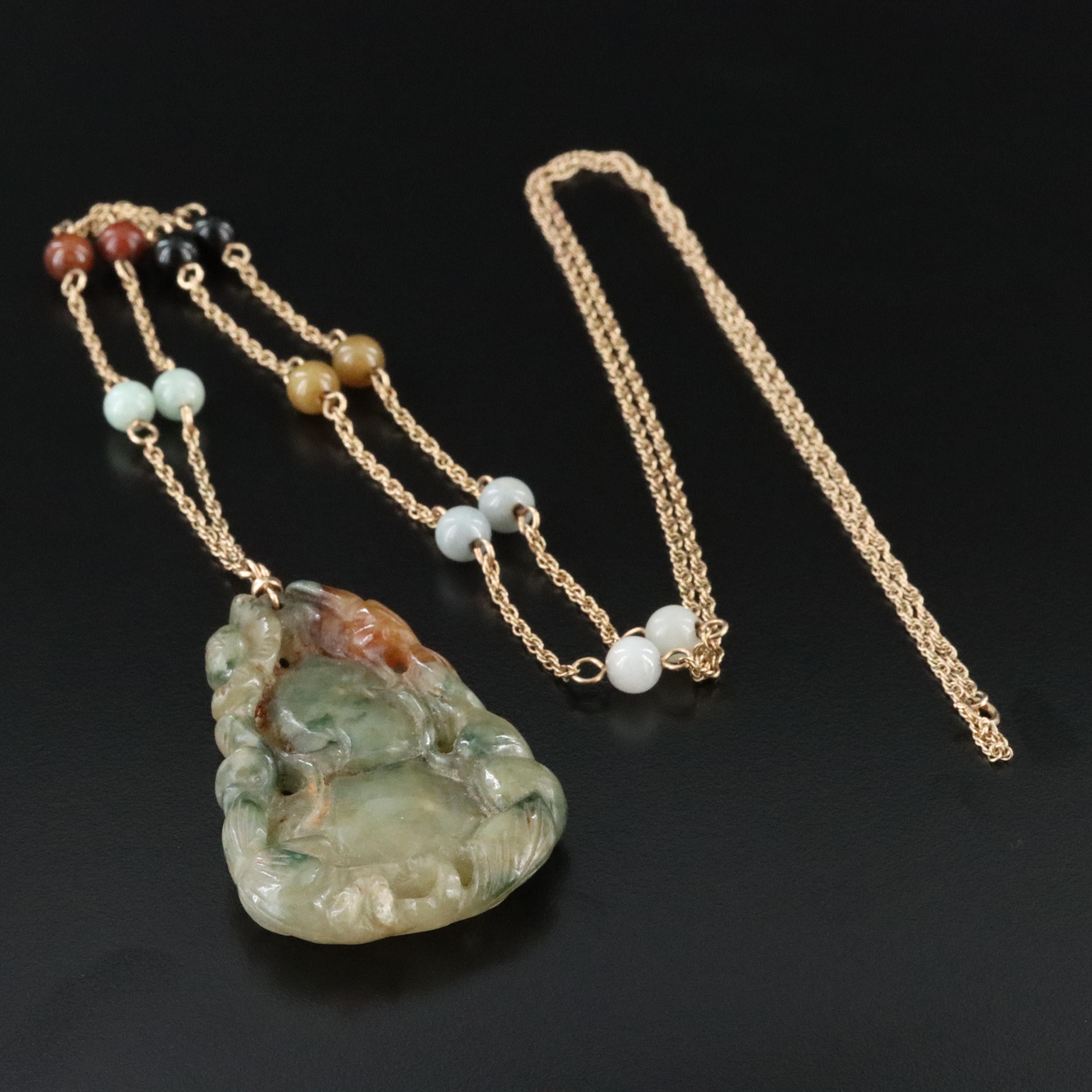 14K Carved Jadeite Gourd and Station Necklace