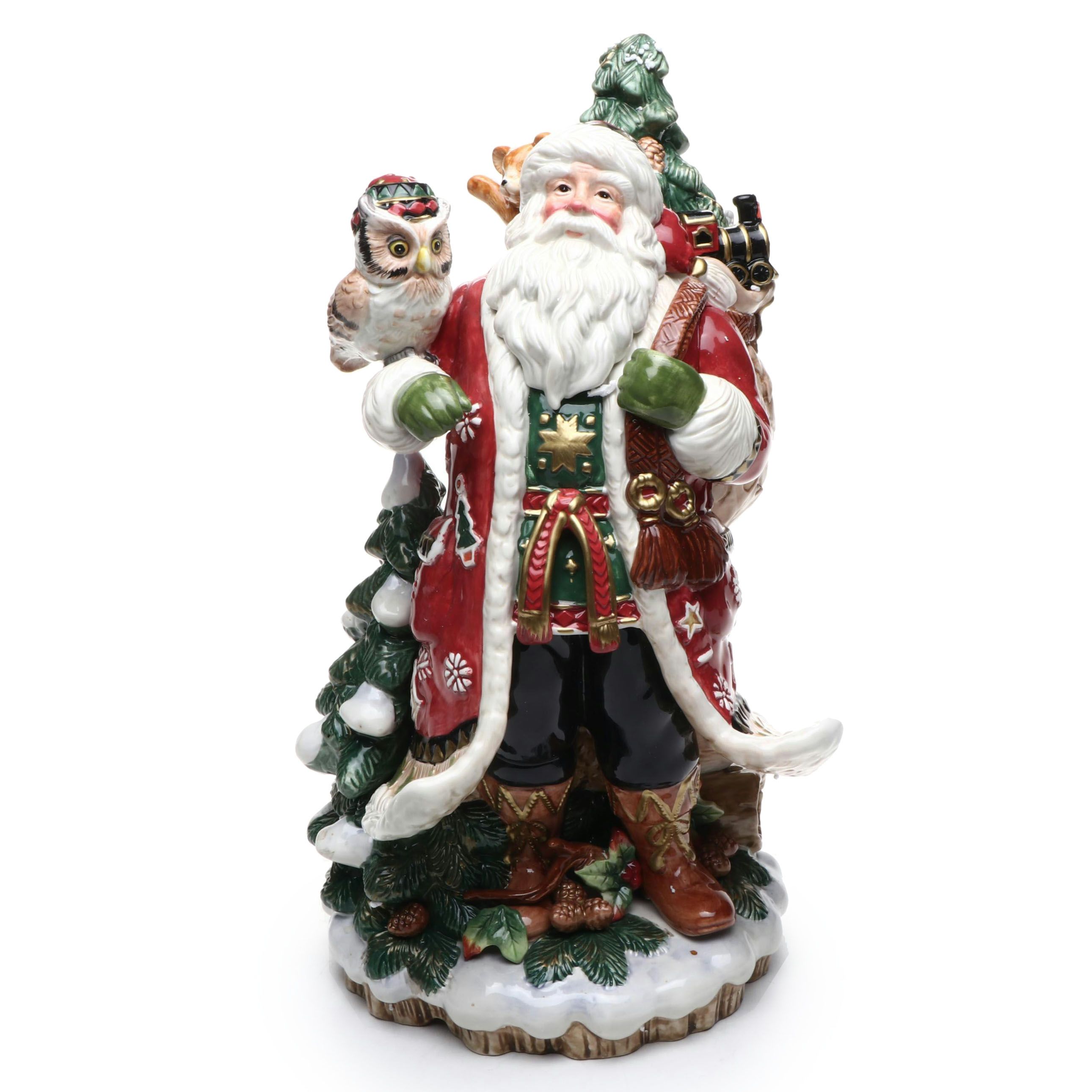Fitz & Floyd "Christmas Lodge" Ceramic Centerpiece Santa with Gifts and Owl