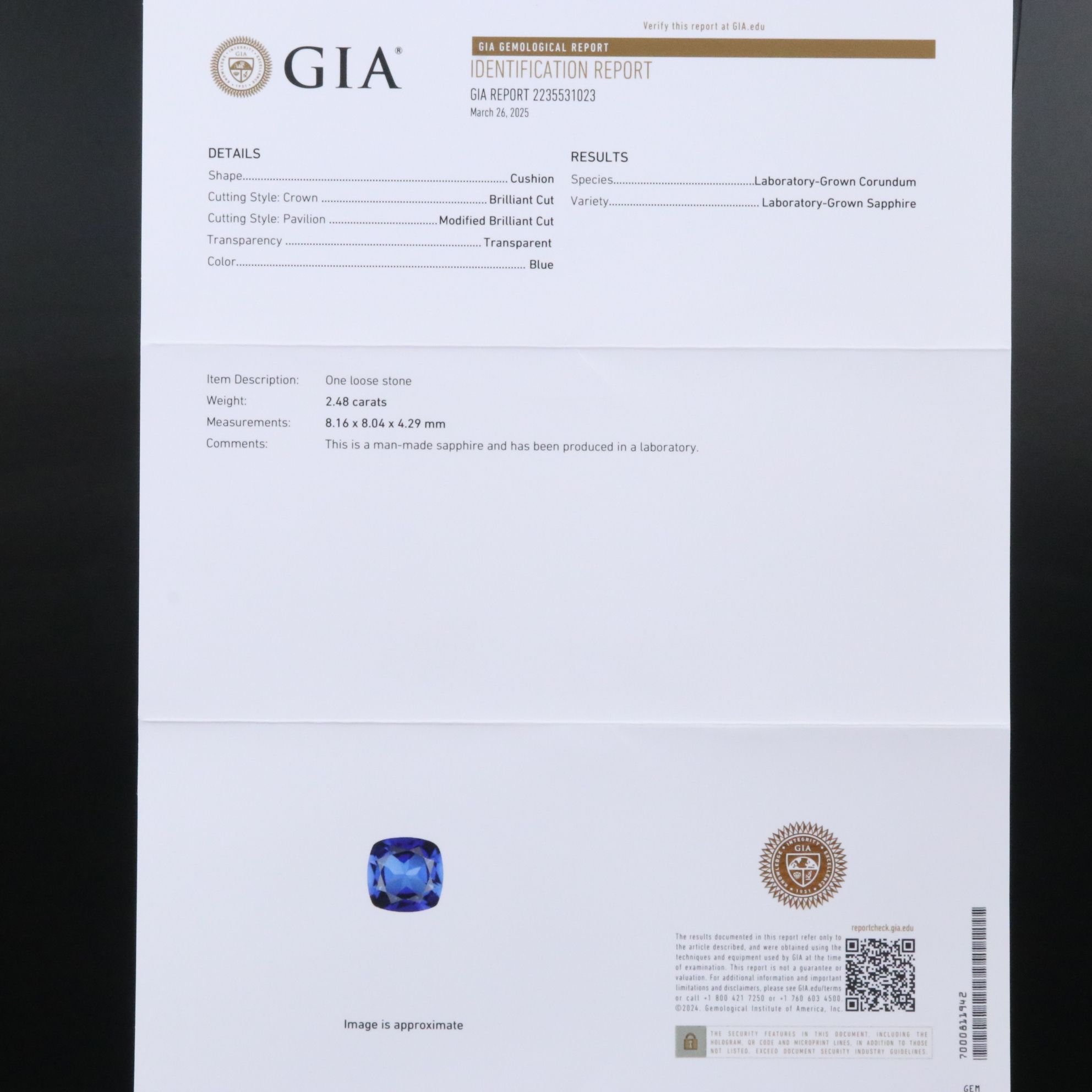 Loose 2.48 CT Lab Grown Sapphire with GIA Identification Report
