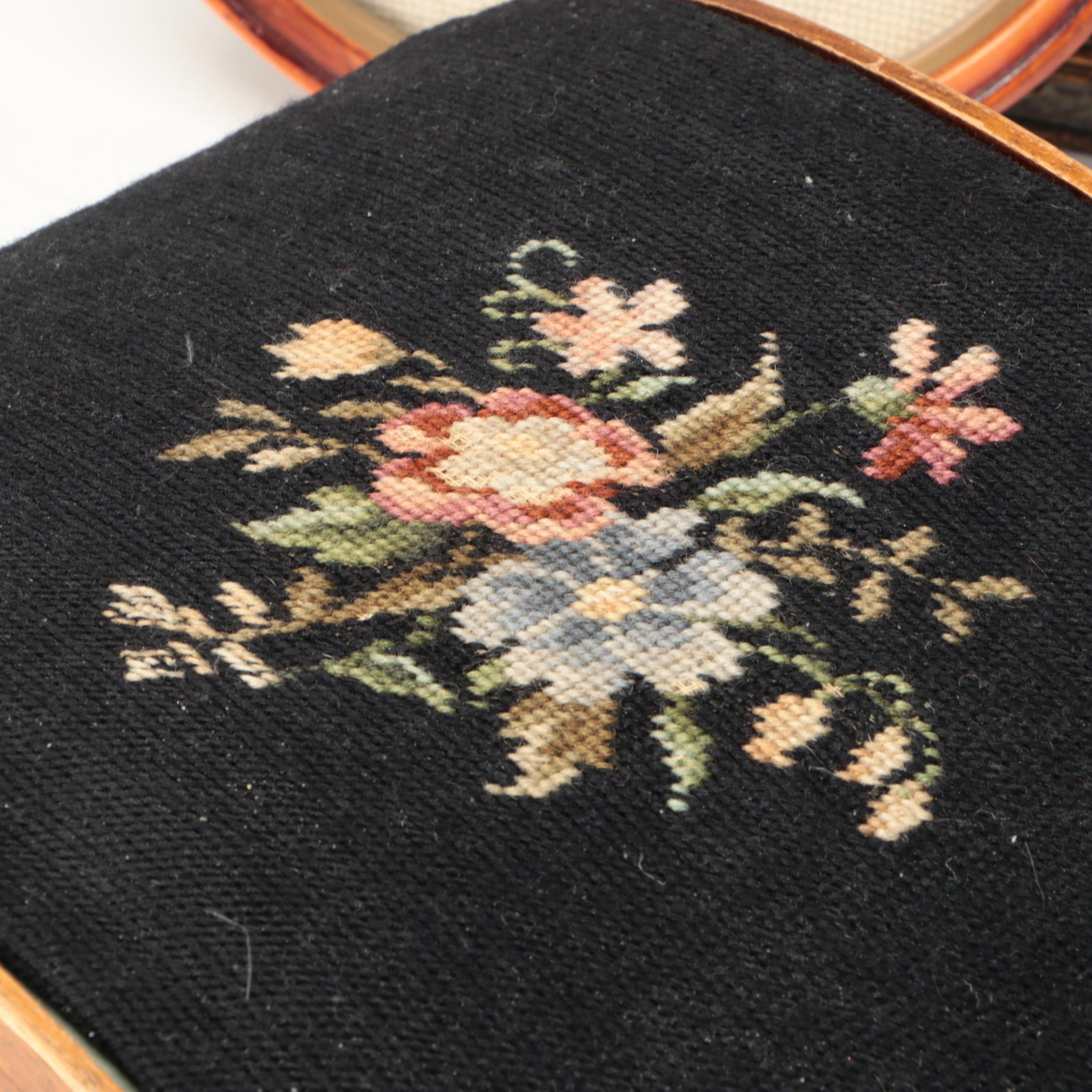 Harry Lichtman Needlepoint Wooden Stool with Framed Needlework