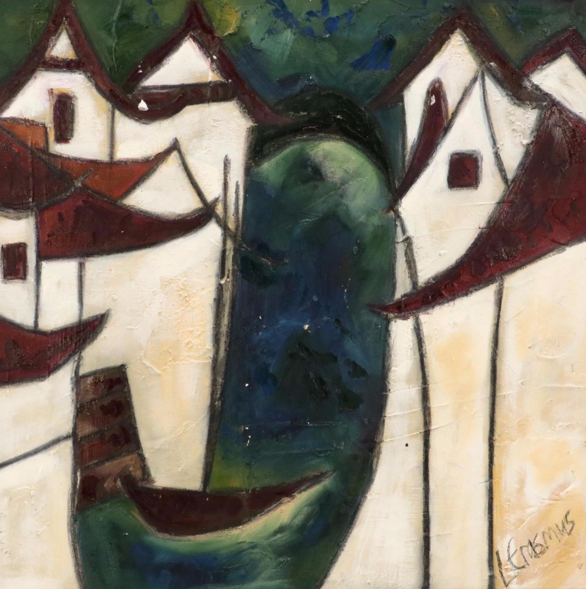 Leonie Erasmus Abstract Village Landscape Oil Painting