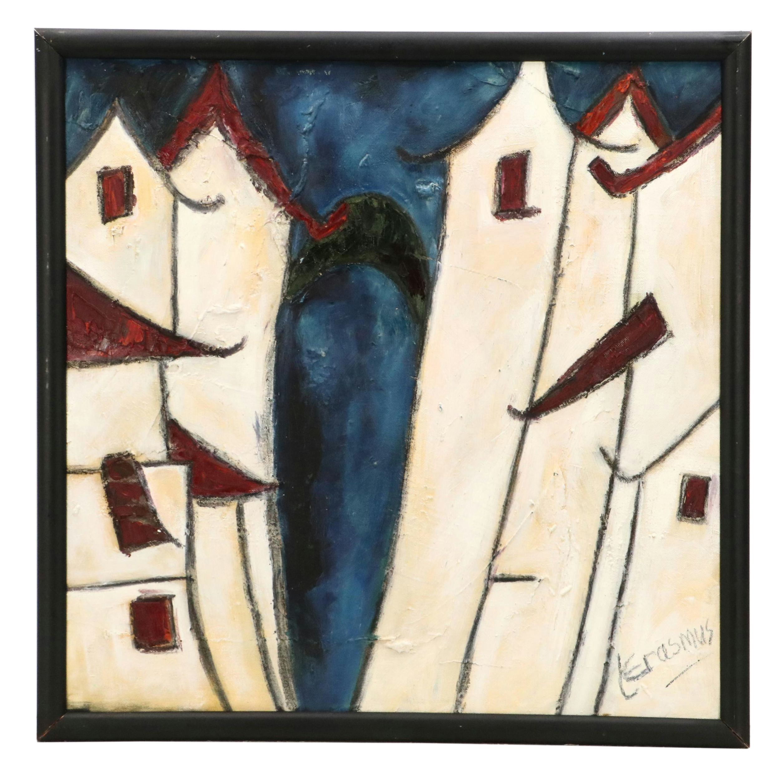 Leonie Erasmus Abstract Village Landscape Oil Painting