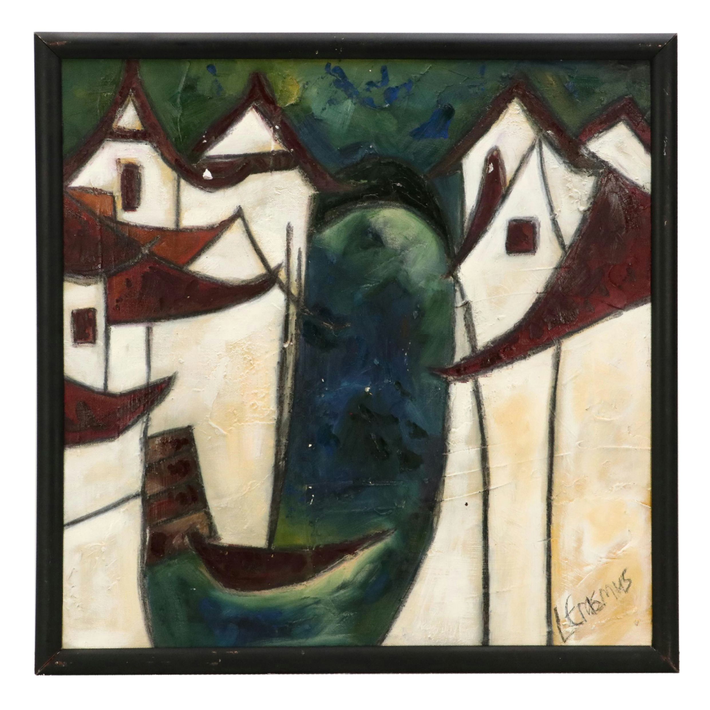 Leonie Erasmus Abstract Village Landscape Oil Painting