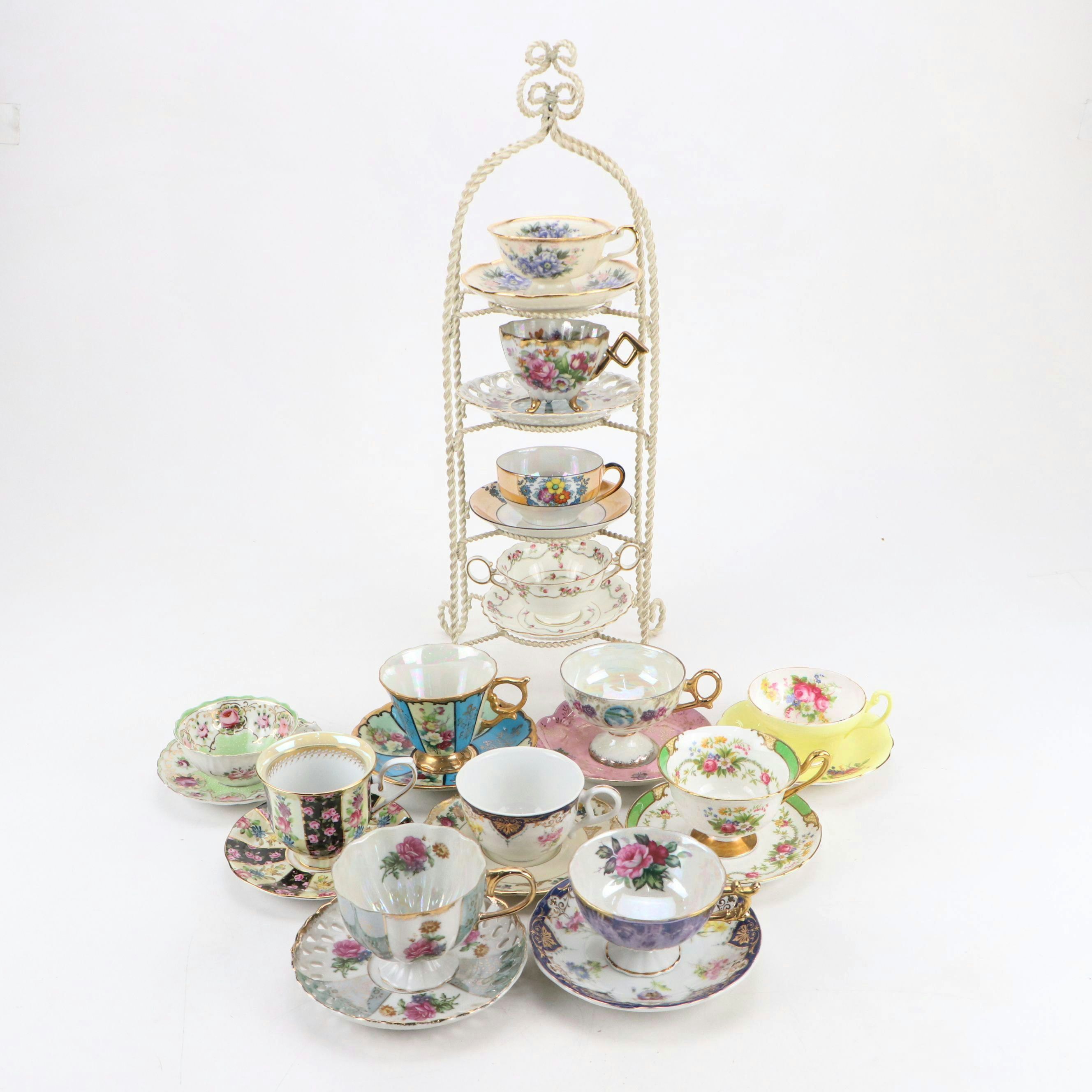 Gilt Ornamented and Lusterware Teaware Collection with Display Stand