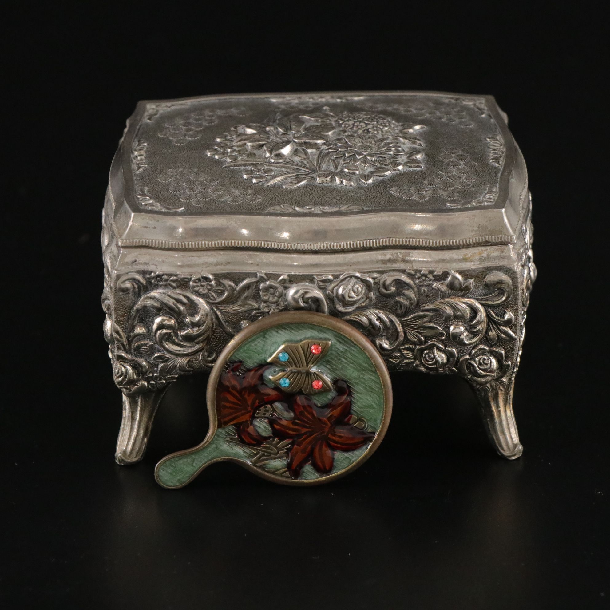 Jay Strongwate Enameled Mini Mirror with Repoussé Jewelry Box