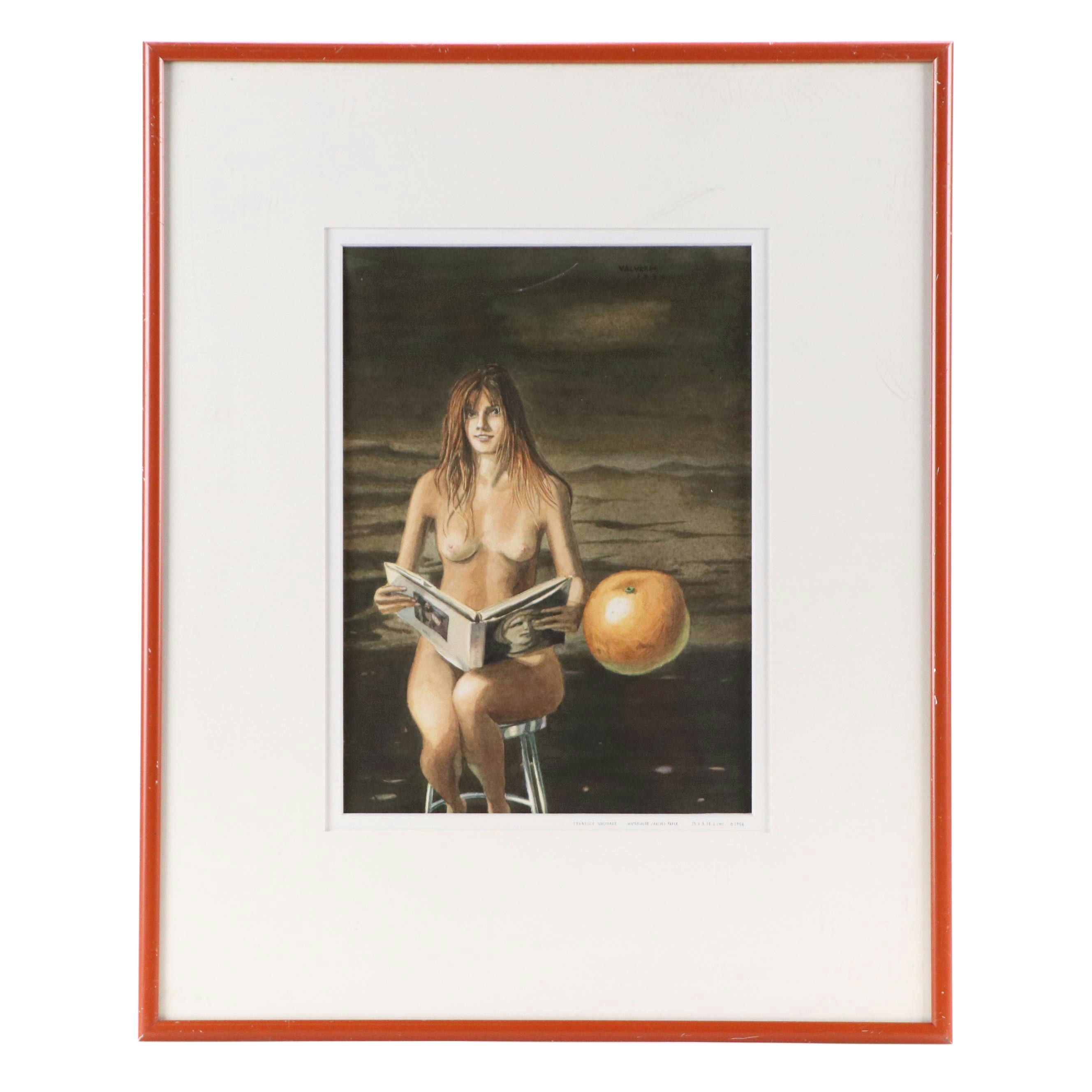 Francisco Valverde Watercolor Painting of Surrealist Nude Portrait, 1996