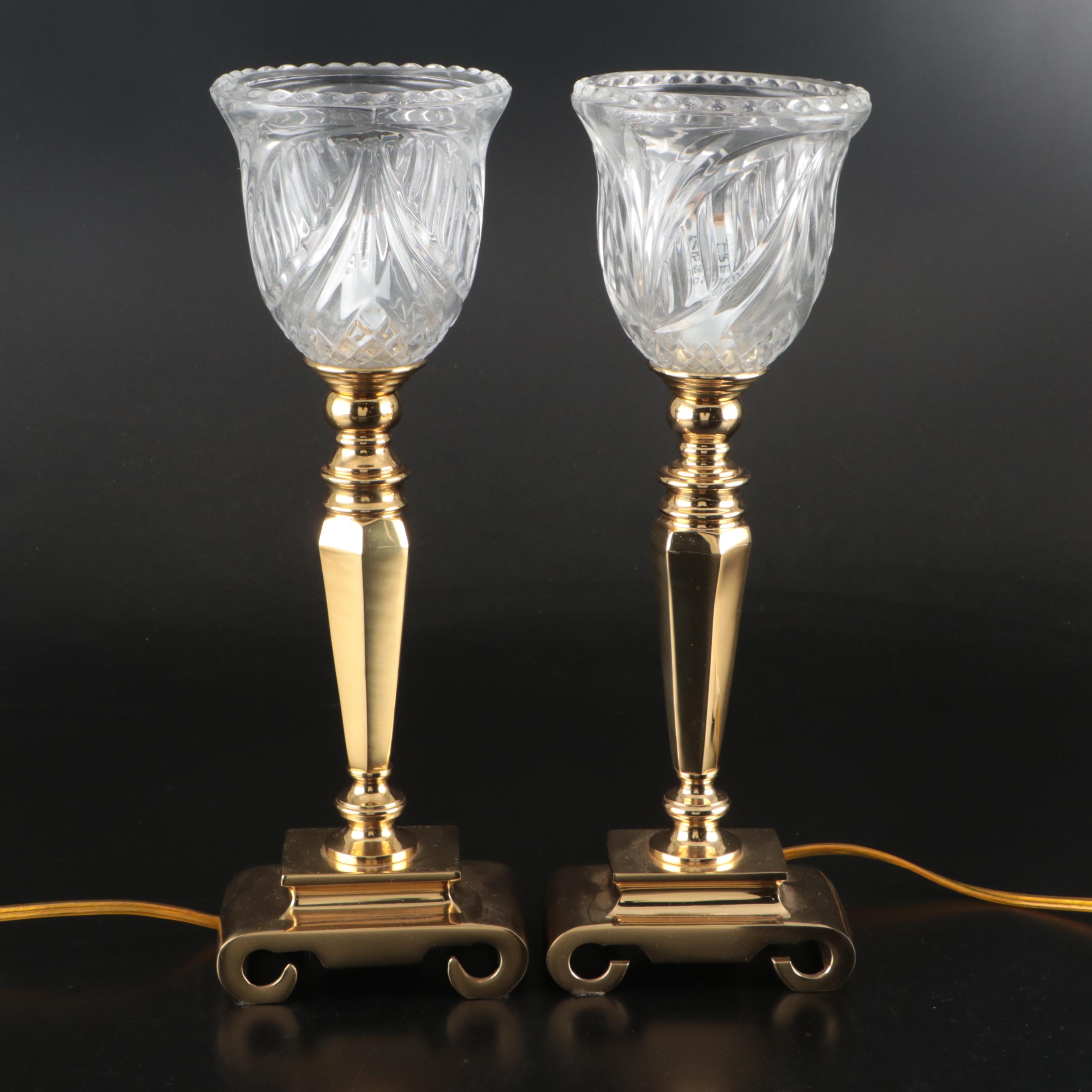 Pair of Vintage Brass and Glass Torchère Table Lamps