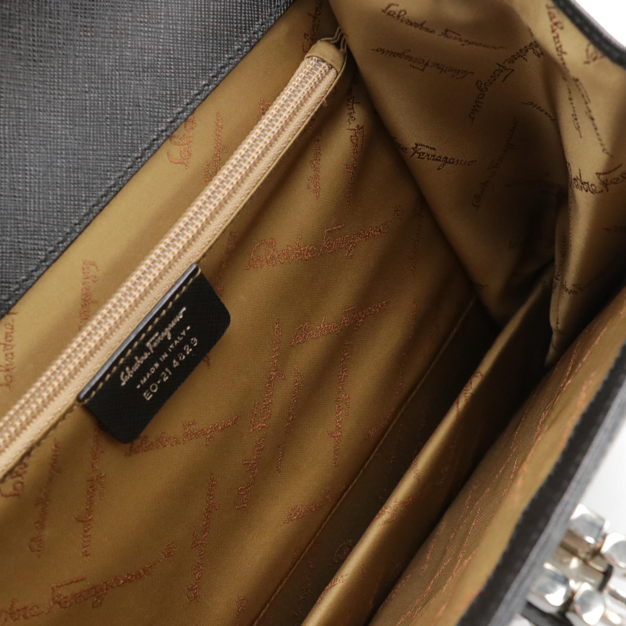 Salvatore Ferragamo Double Gancini Closure Handbag in Black Saffiano Leather