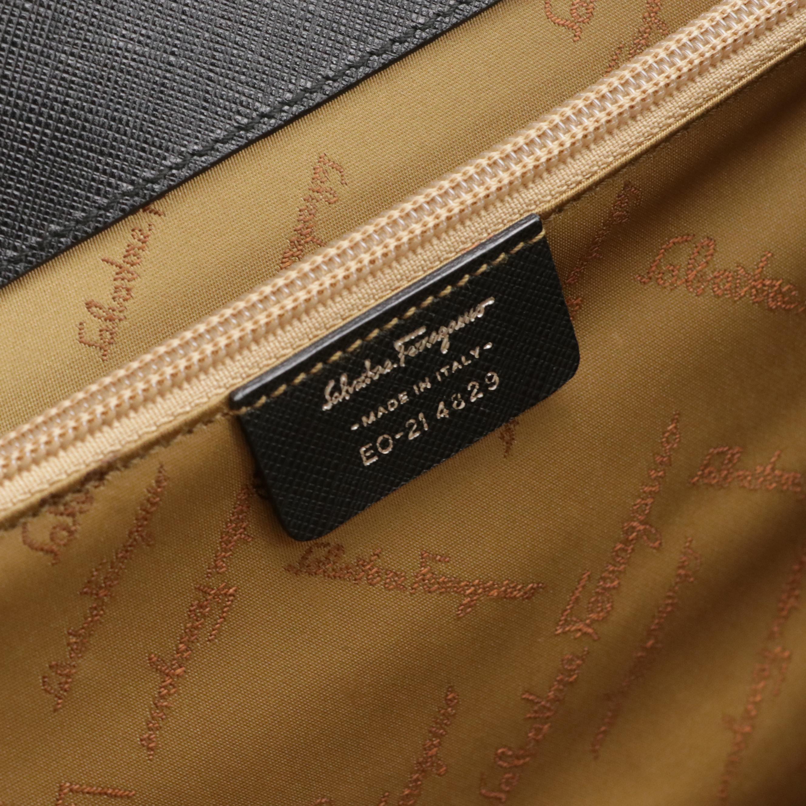 Salvatore Ferragamo Double Gancini Closure Handbag in Black Saffiano Leather