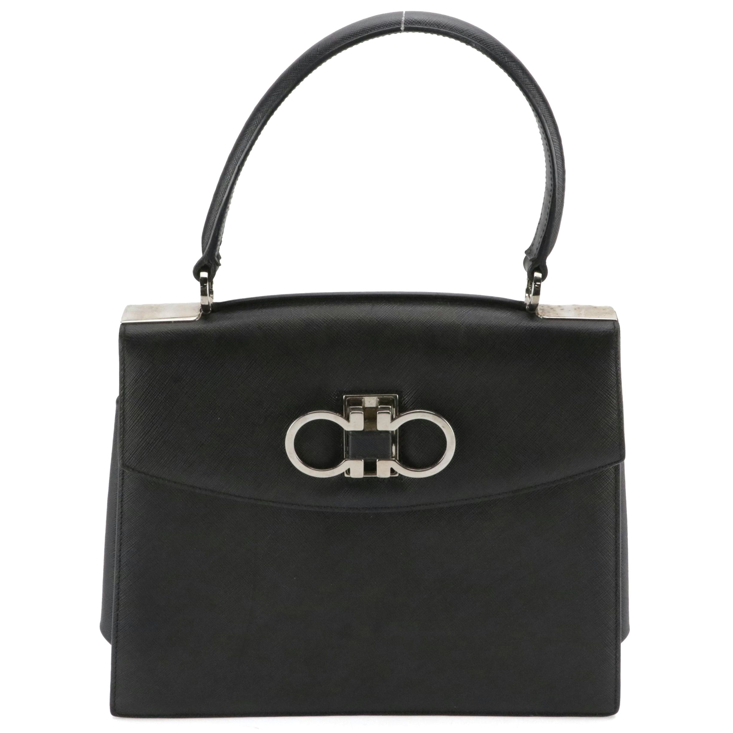 Salvatore Ferragamo Double Gancini Closure Handbag in Black Saffiano Leather