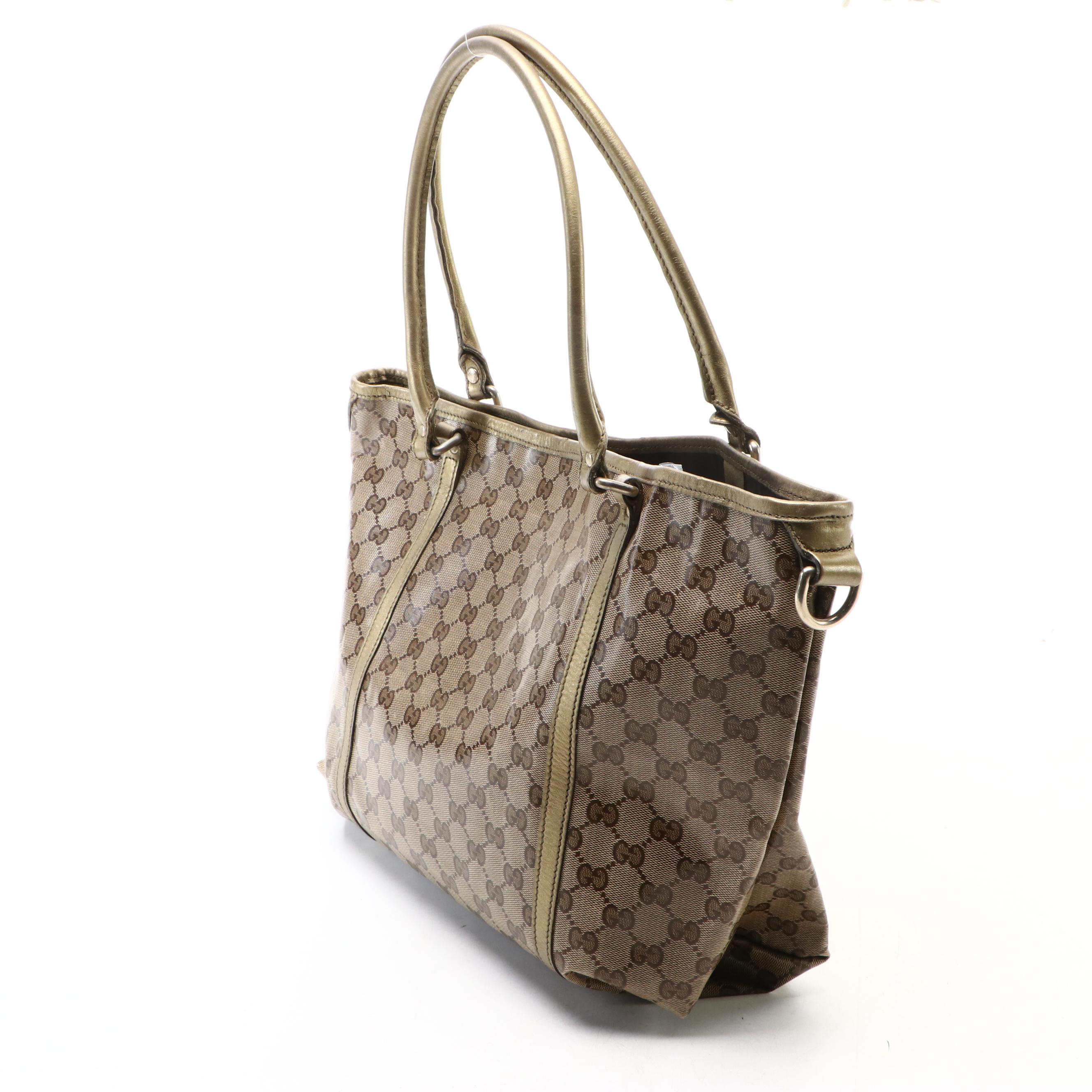 Gucci Medium Joy Tote Bag in GG Crystal Canvas and Metallic Leather Trim