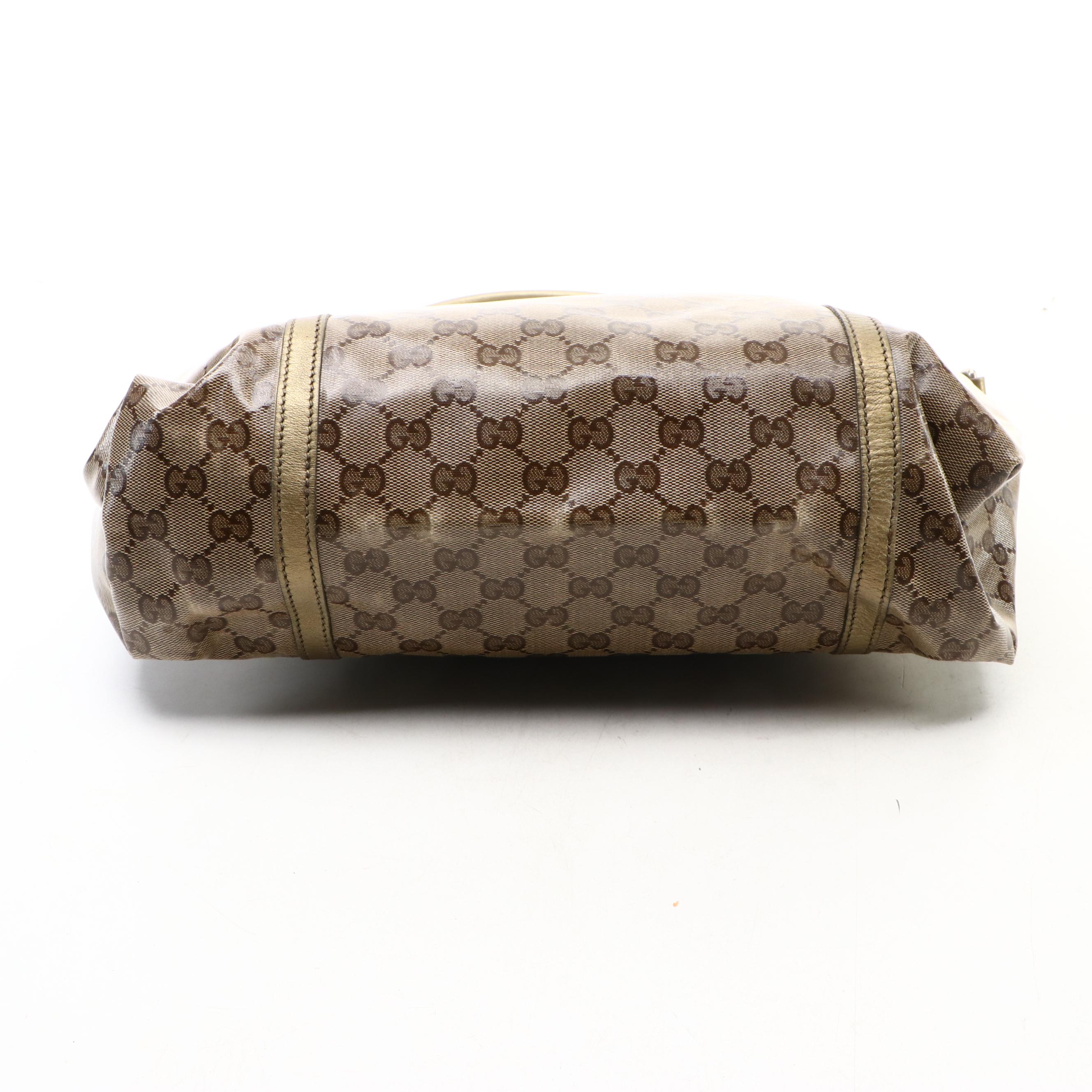 Gucci Medium Joy Tote Bag in GG Crystal Canvas and Metallic Leather Trim