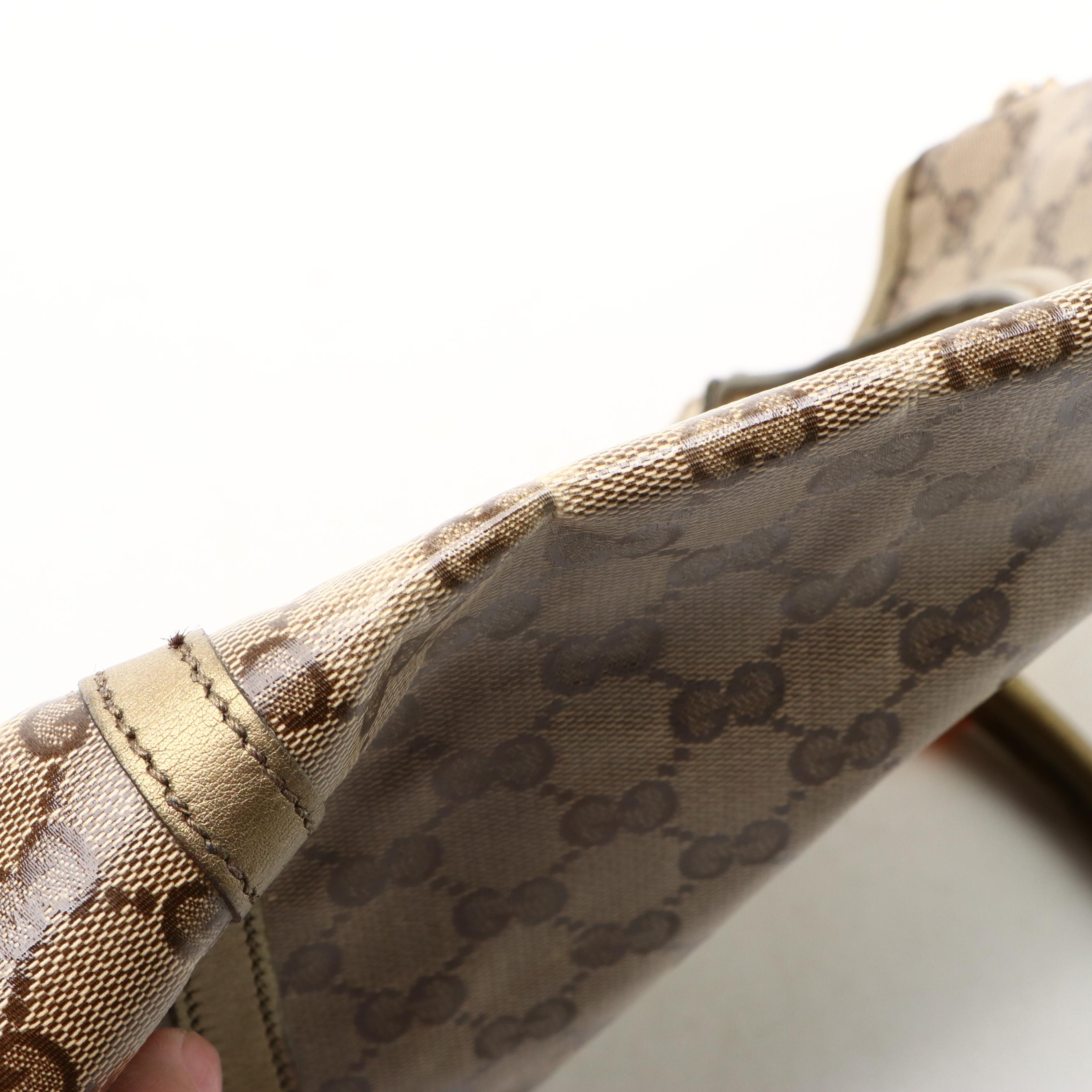 Gucci Medium Joy Tote Bag in GG Crystal Canvas and Metallic Leather Trim