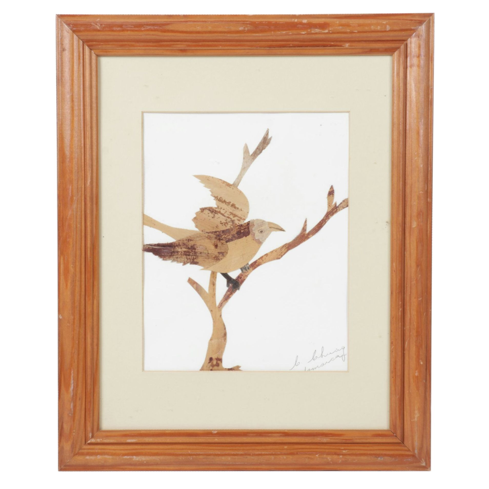 Banana Leaf Collage Mosaic of a Bird Perched in a Tree, Late 20th Century