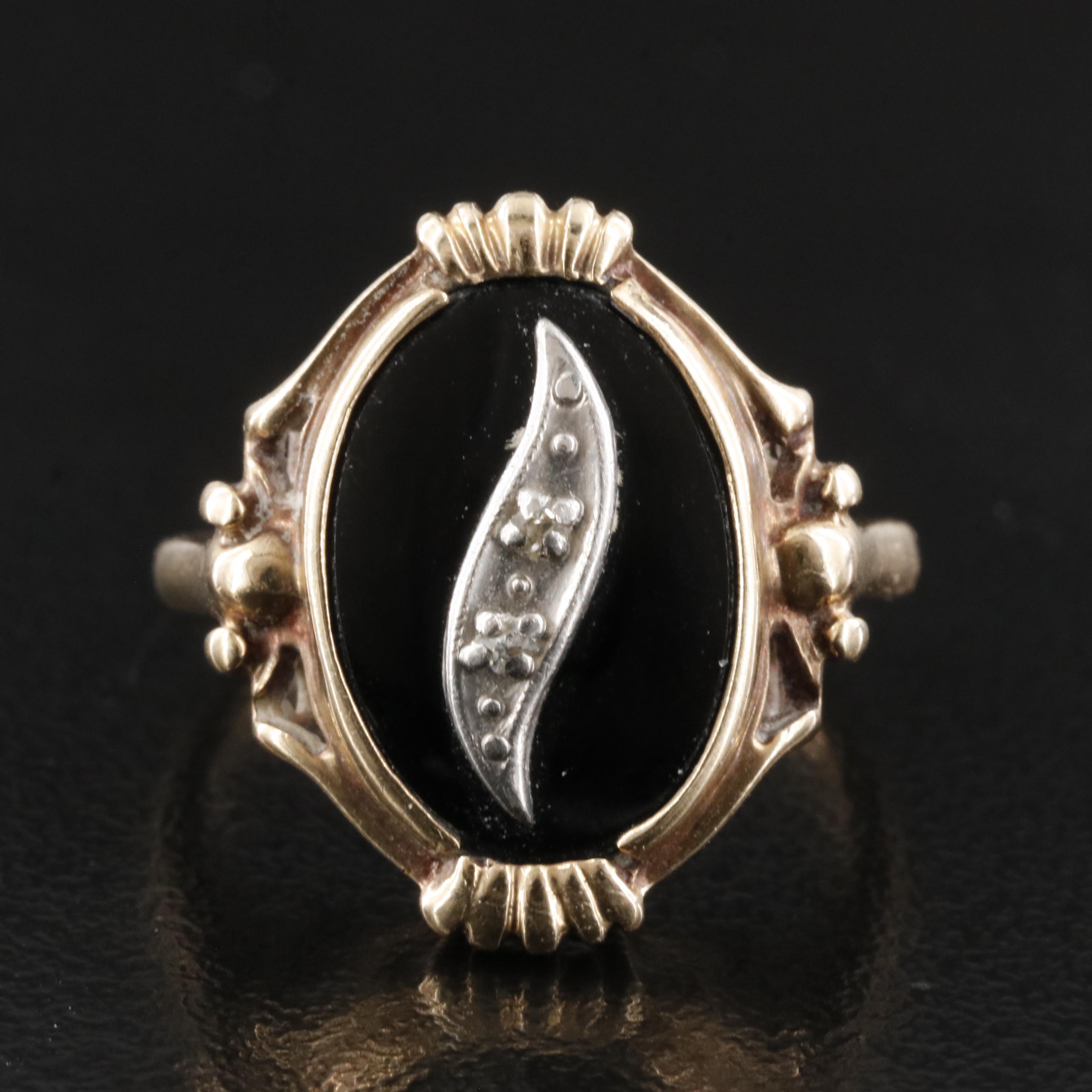 Vintage 10K Black Onyx and Diamond Ring