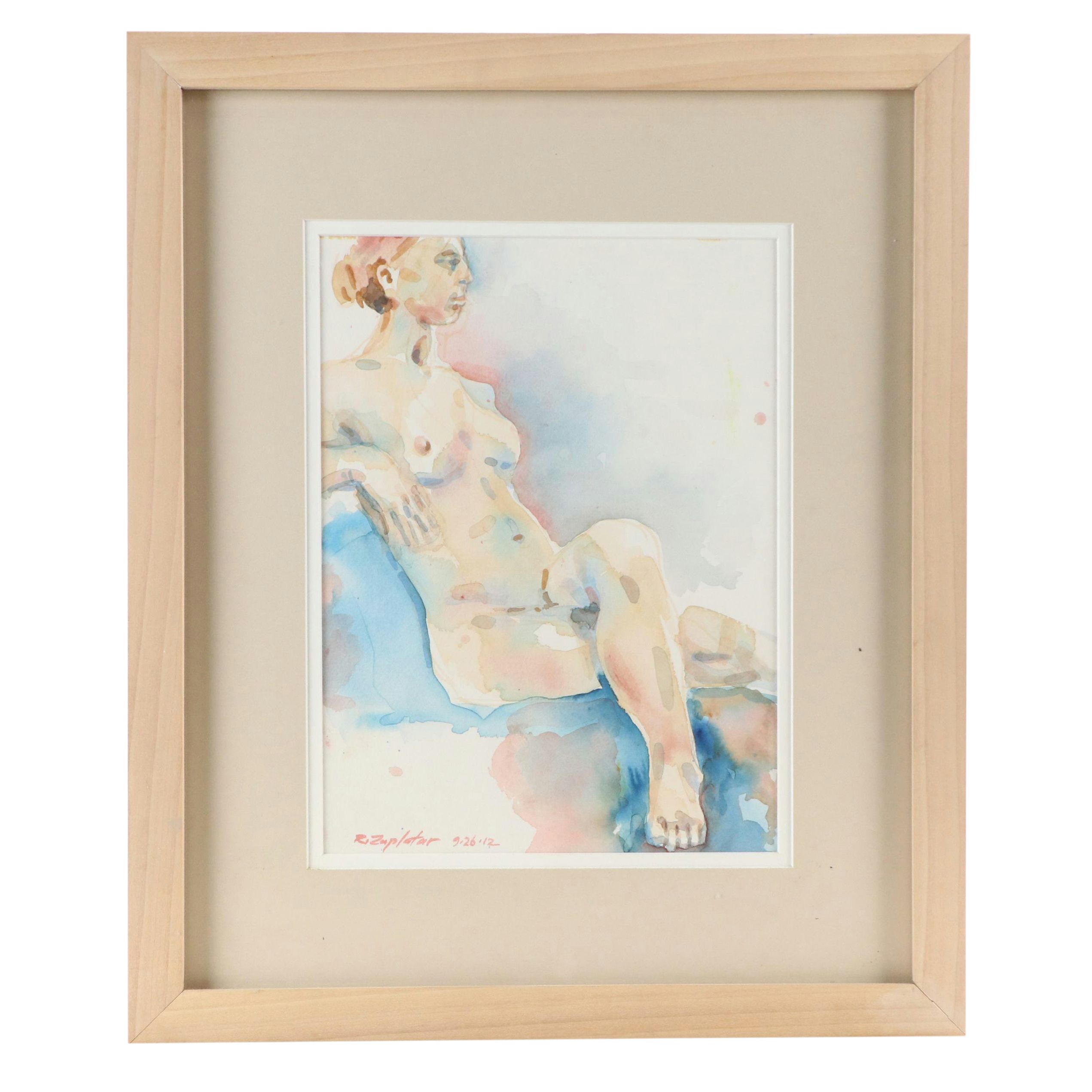 Raymond Zaplatar Watercolor Painting of Female Nude Portrait, 2012