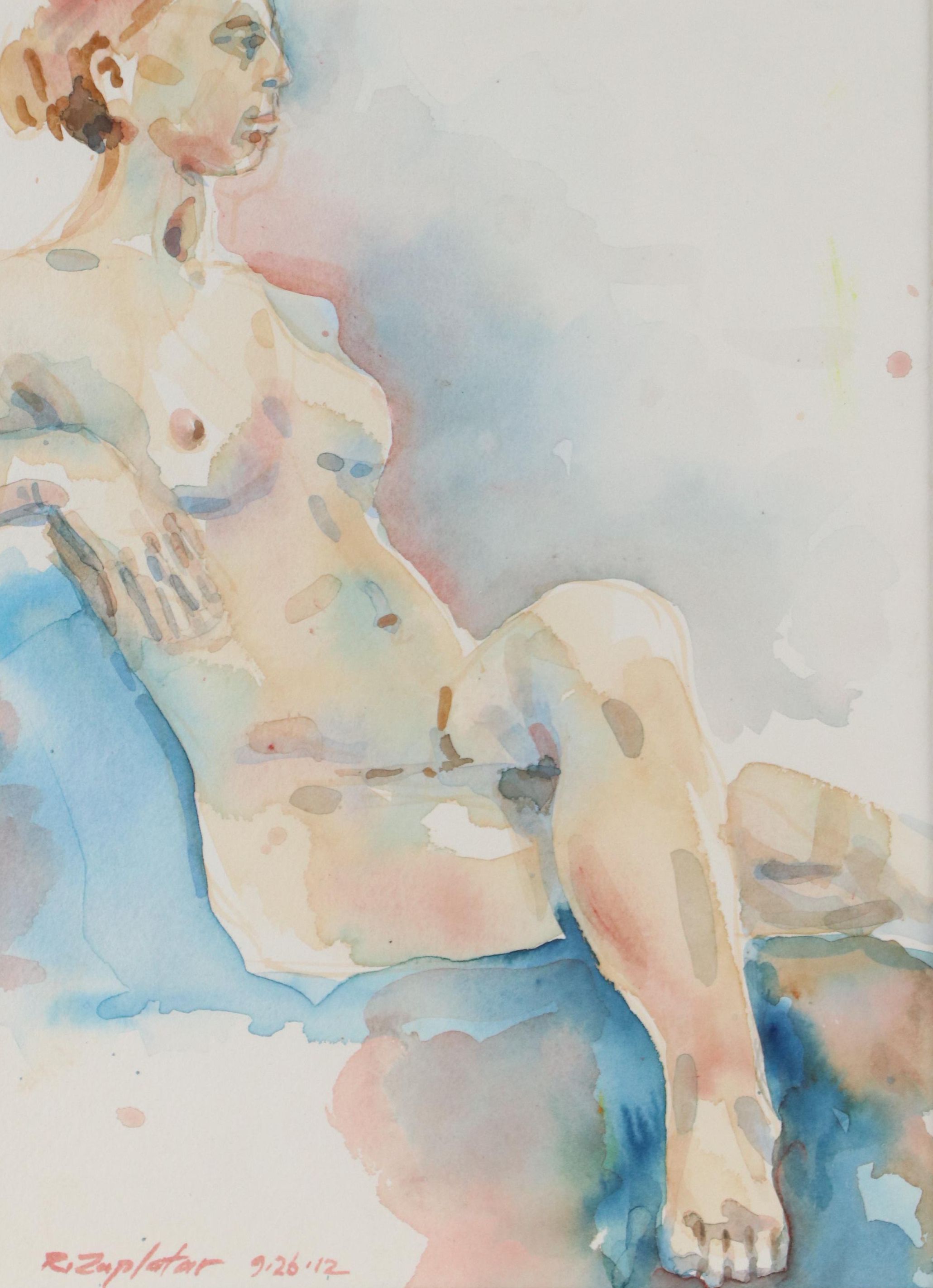 Raymond Zaplatar Watercolor Painting of Female Nude Portrait, 2012