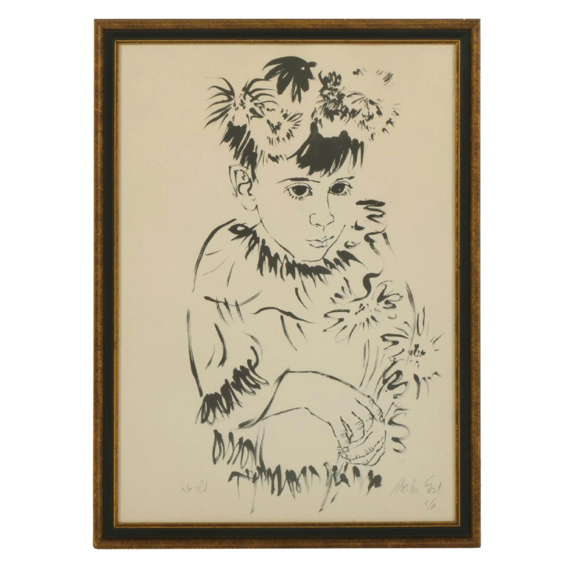Moshe Gat Line Drawn Lithograph Portrait of Young Girl, Late 20th Century