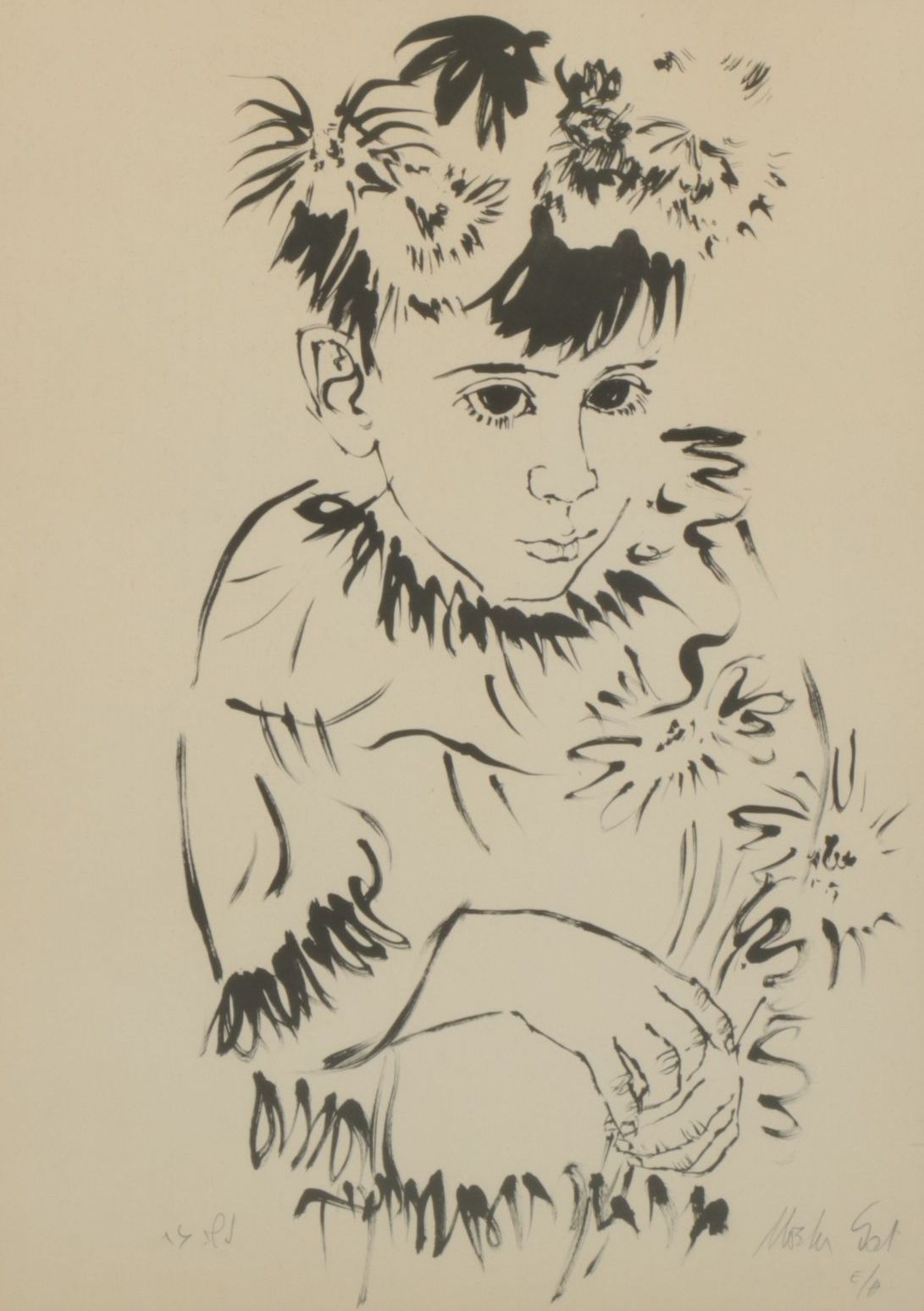 Moshe Gat Line Drawn Lithograph Portrait of Young Girl, Late 20th Century