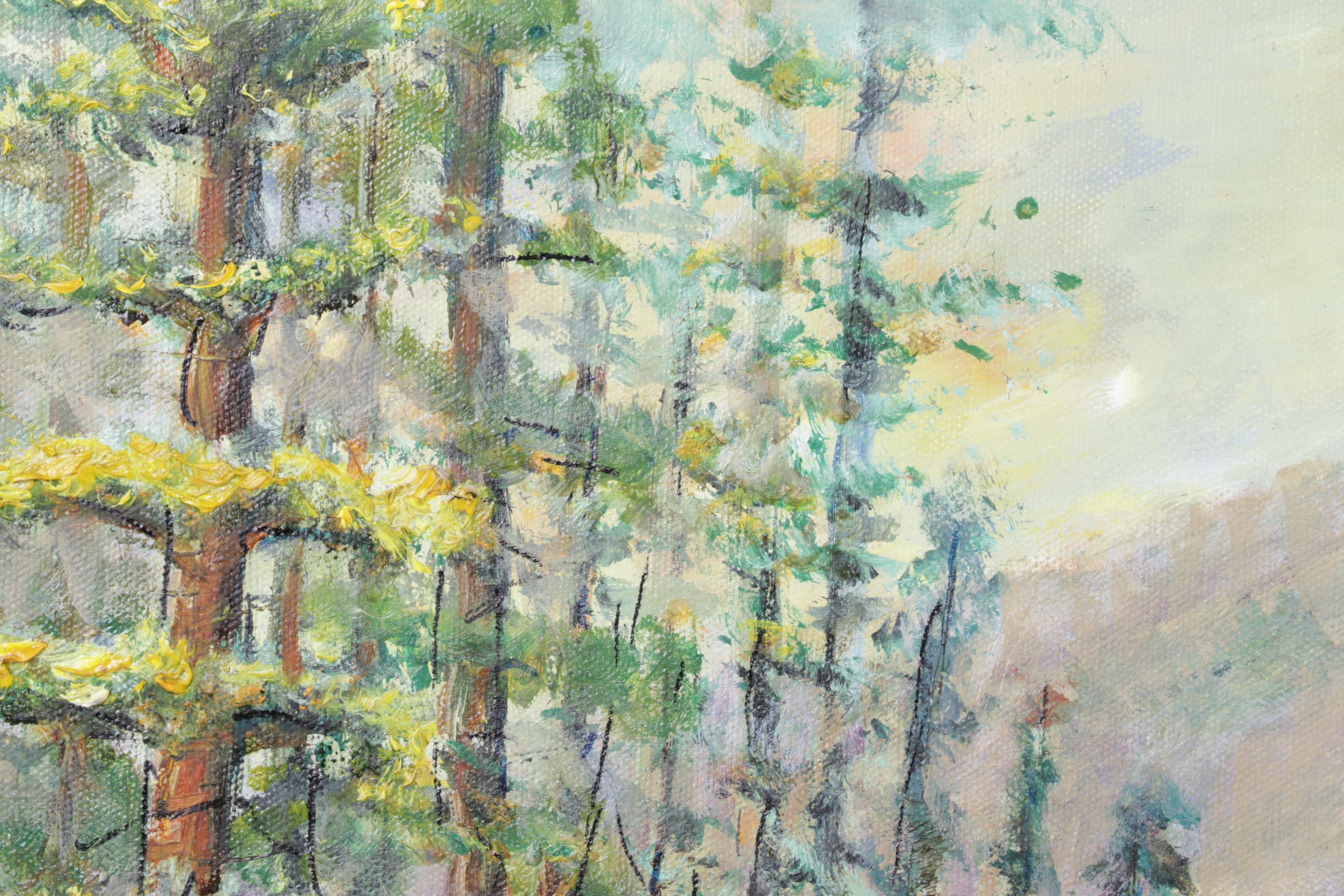 Impressionist Landscape Oil Painting of Forest Riverbank Near Mountain Foothills