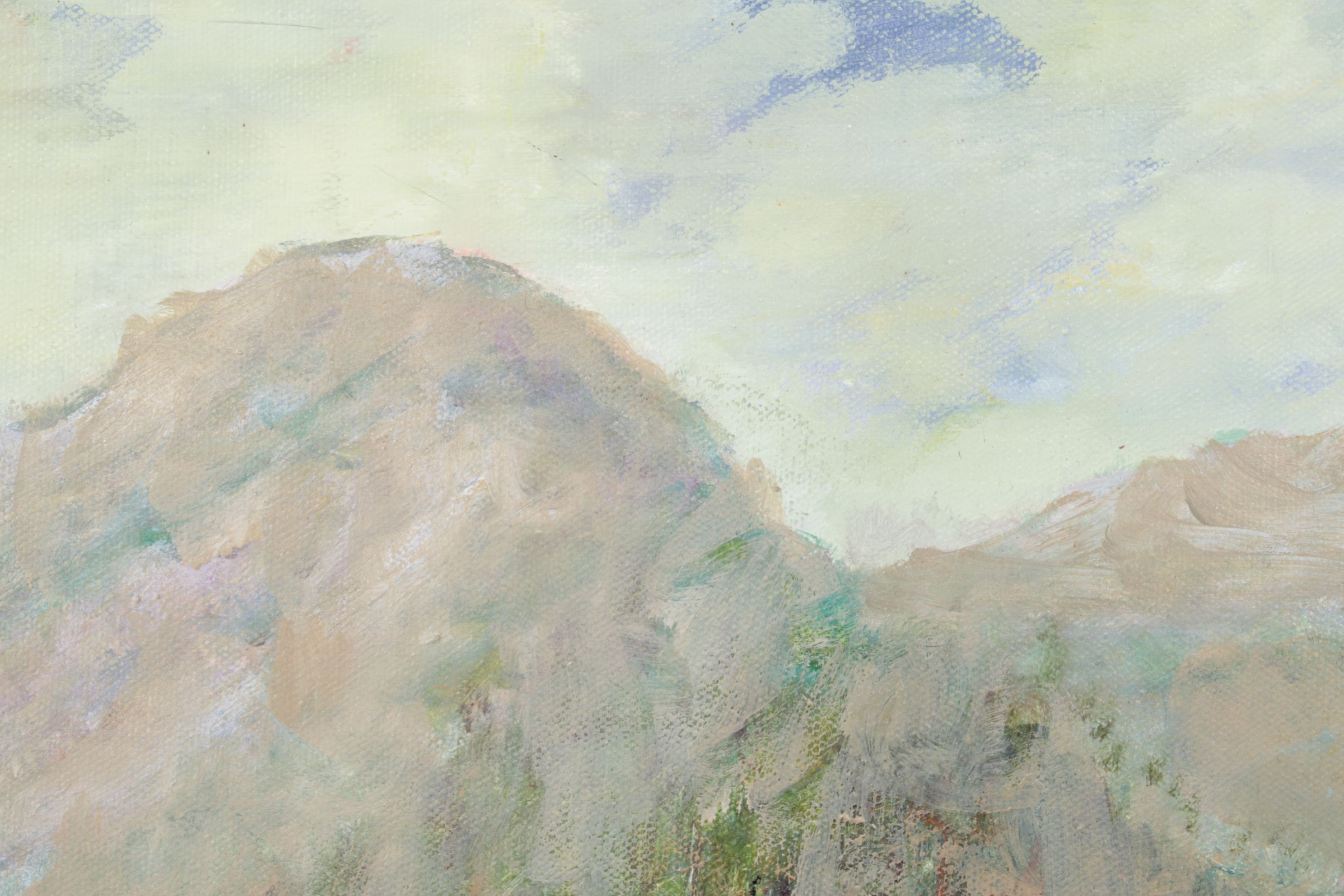 Impressionist Landscape Oil Painting of Forest Riverbank Near Mountain Foothills