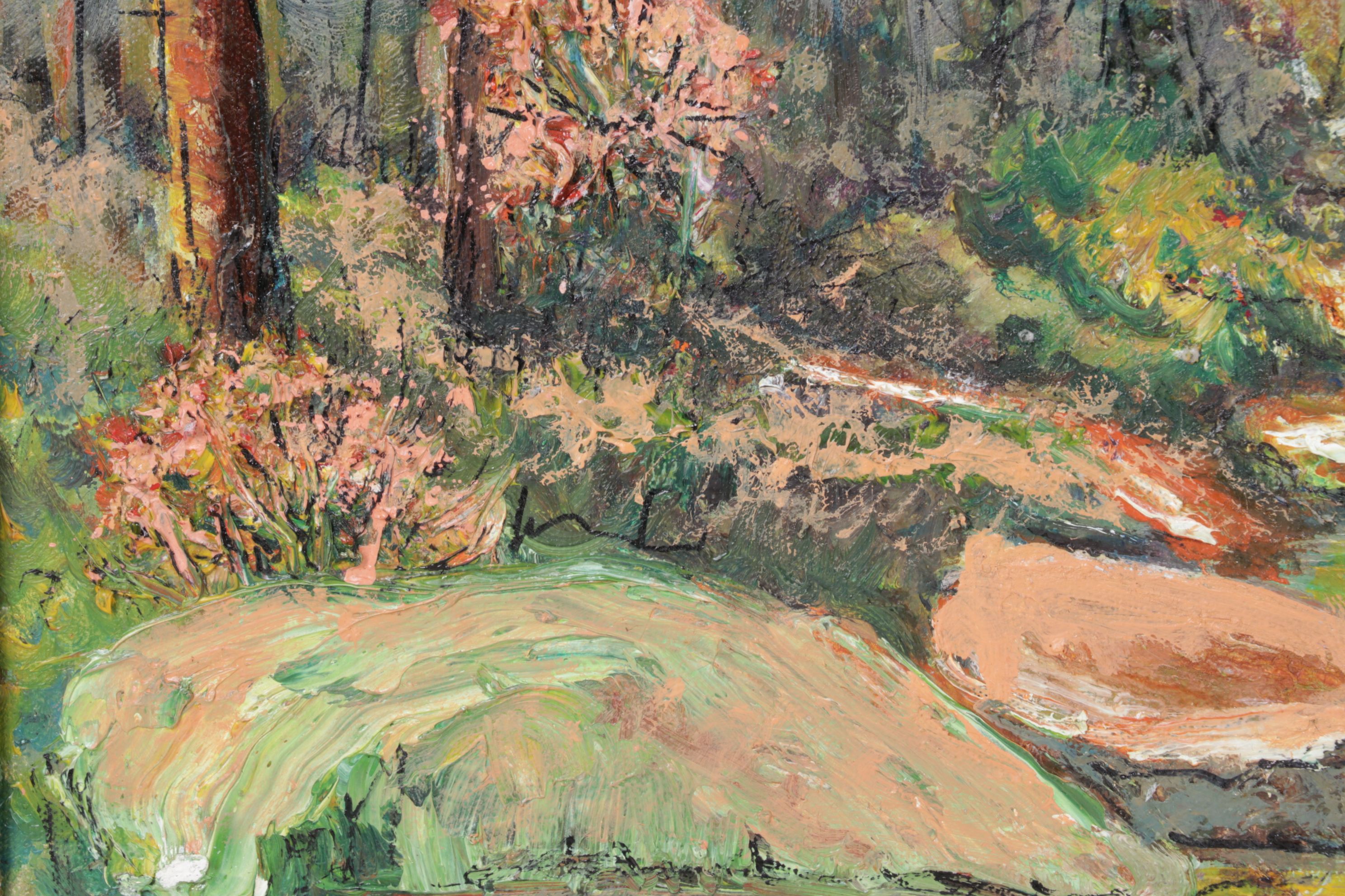 Impressionist Landscape Oil Painting of Forest Riverbank Near Mountain Foothills