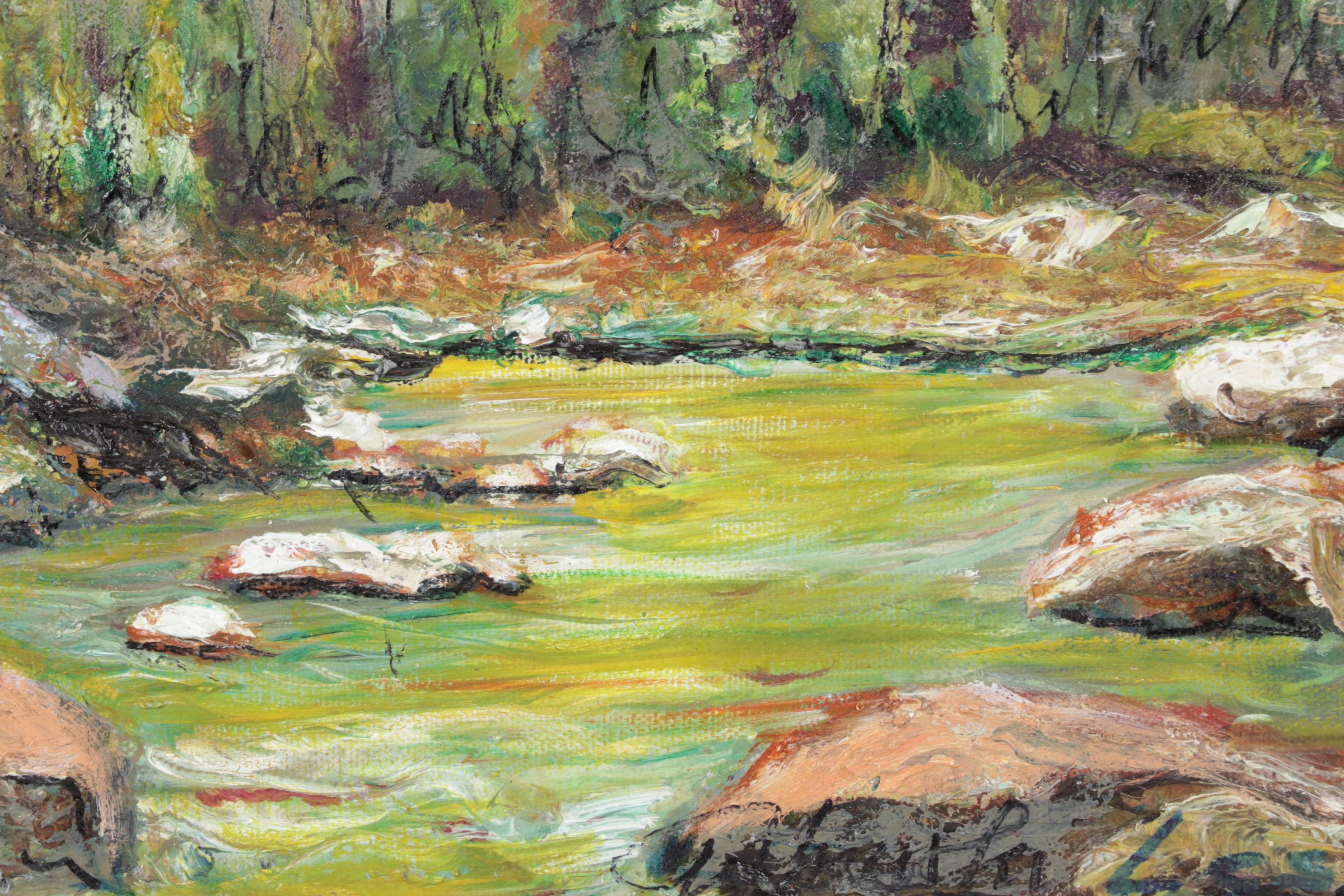 Impressionist Landscape Oil Painting of Forest Riverbank Near Mountain Foothills