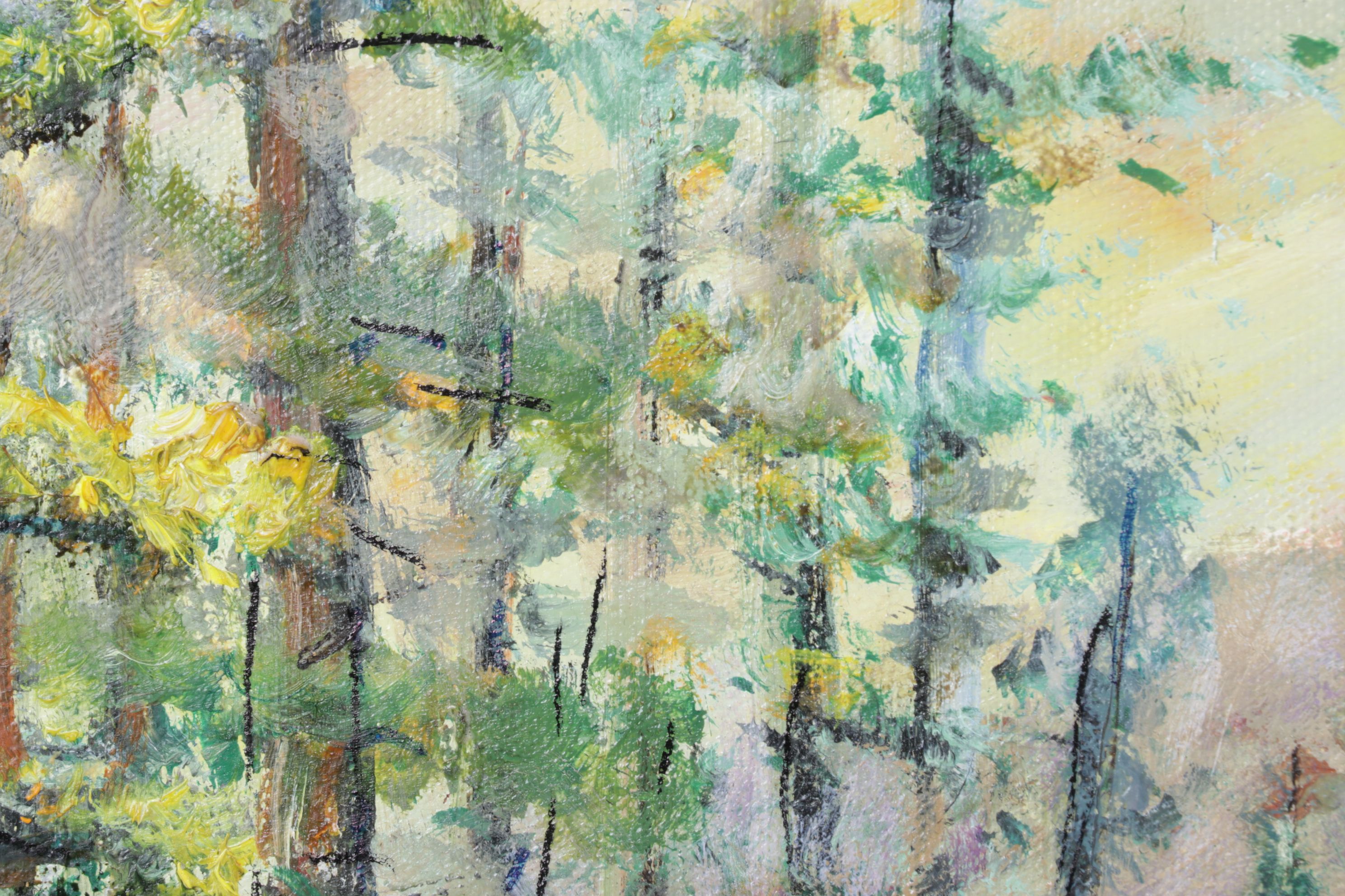 Impressionist Landscape Oil Painting of Forest Riverbank Near Mountain Foothills