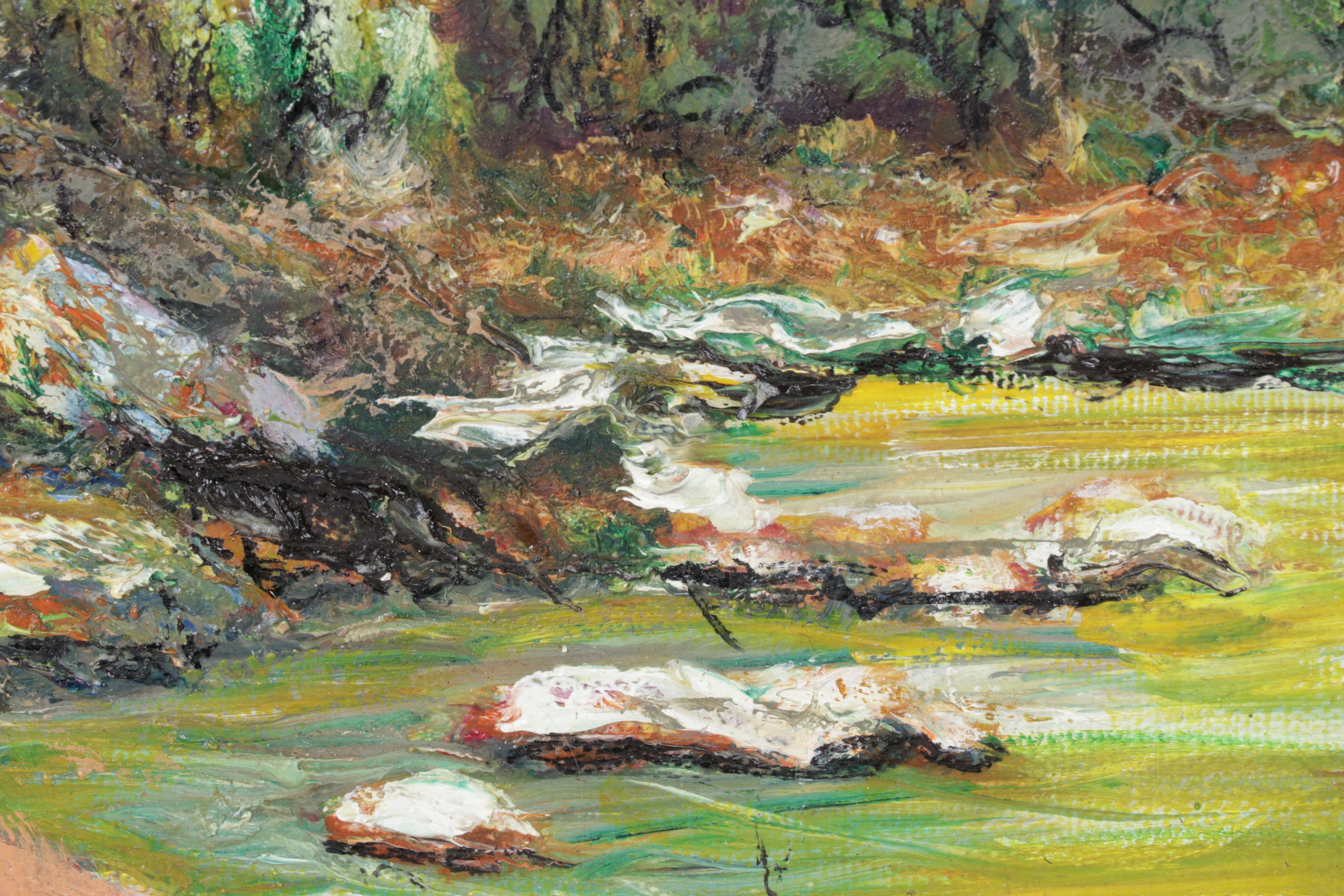 Impressionist Landscape Oil Painting of Forest Riverbank Near Mountain Foothills