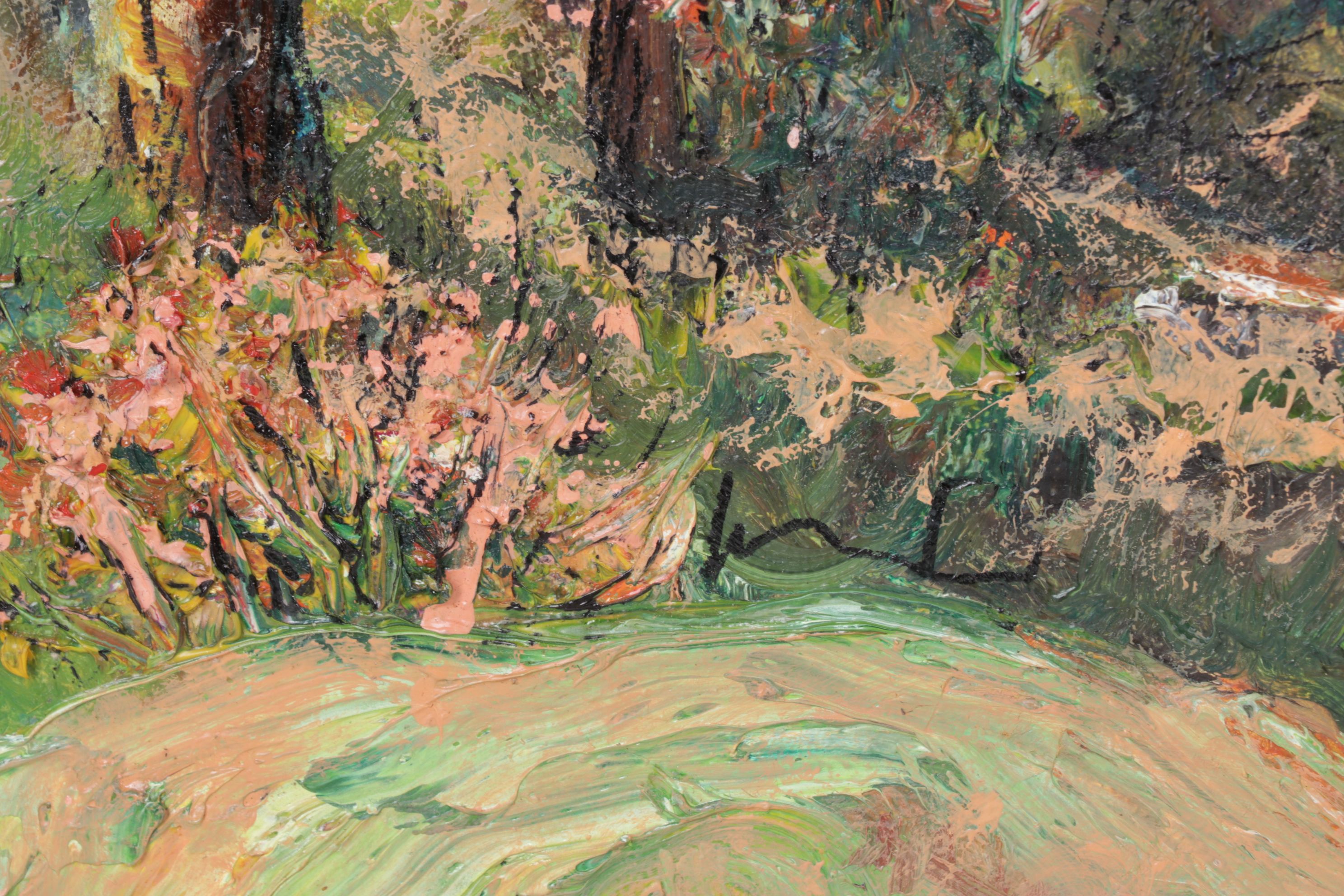 Impressionist Landscape Oil Painting of Forest Riverbank Near Mountain Foothills