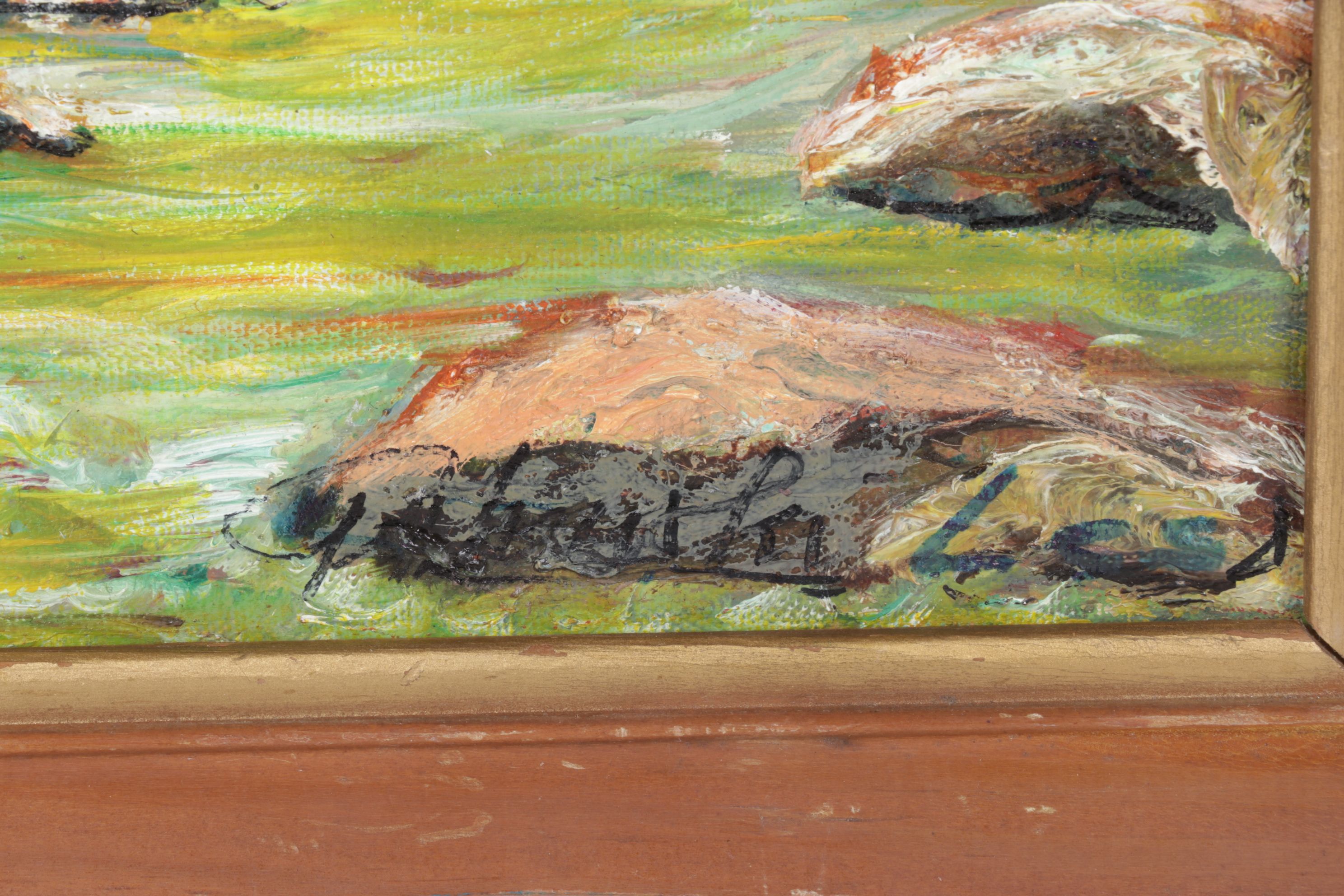 Impressionist Landscape Oil Painting of Forest Riverbank Near Mountain Foothills