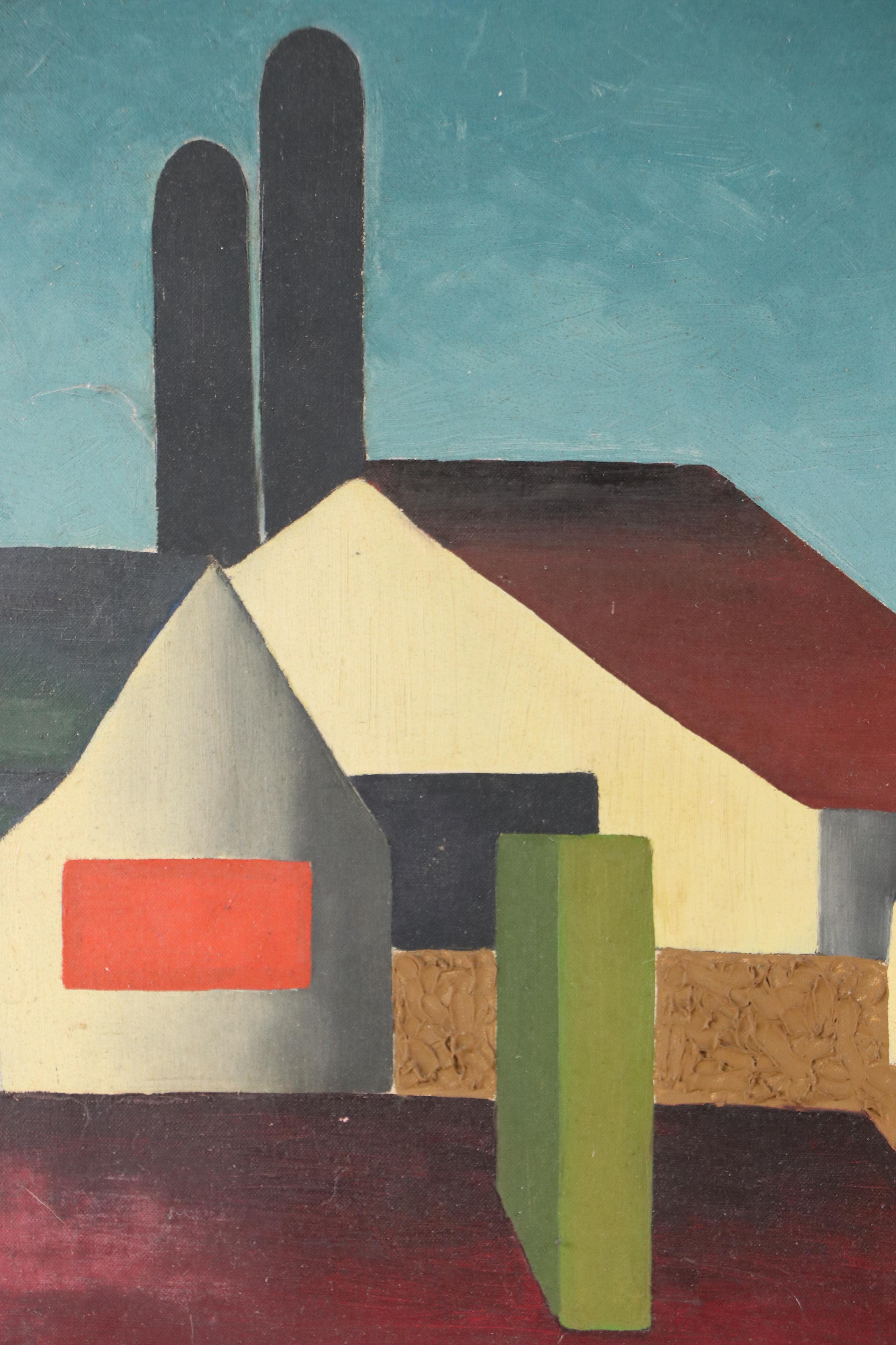 American School Oil Painting of Cubistic Town, Circa 1950