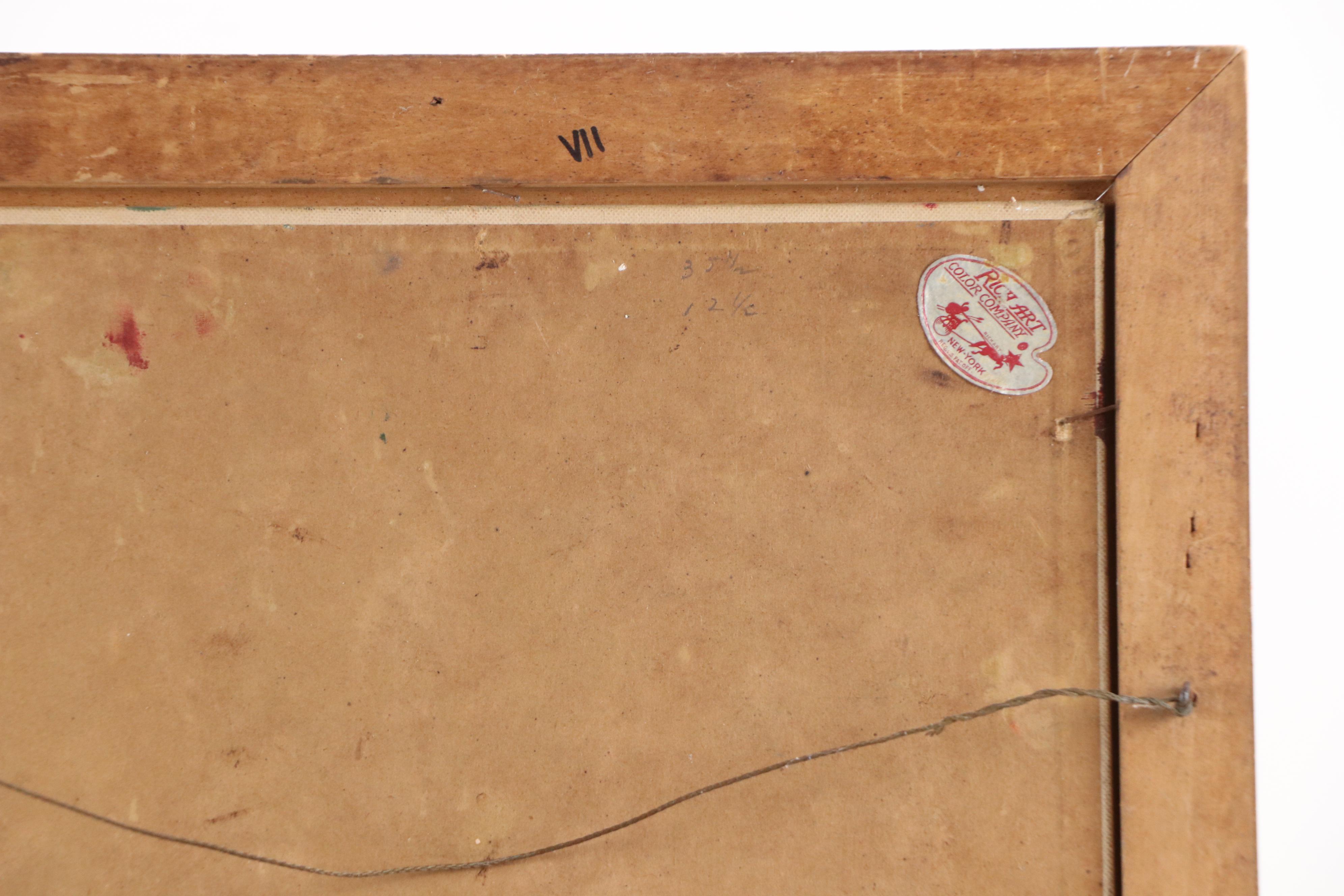 American School Oil Painting of Cubistic Town, Circa 1950