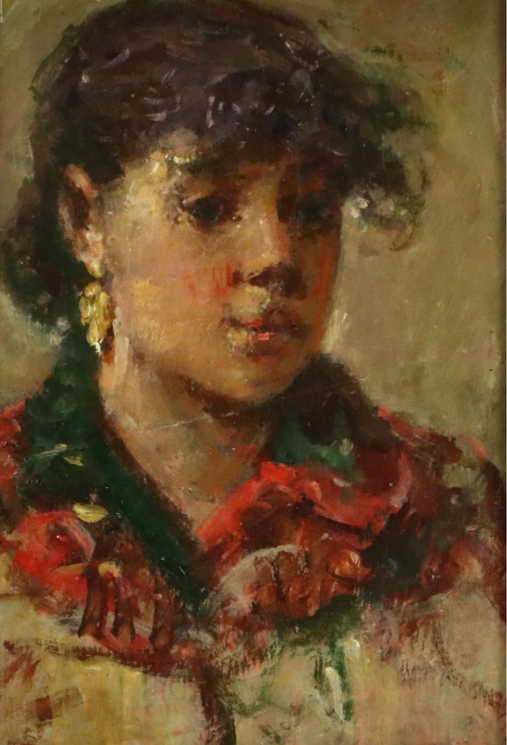 Portrait Oil on Board Painting of Young Woman, 20th Century