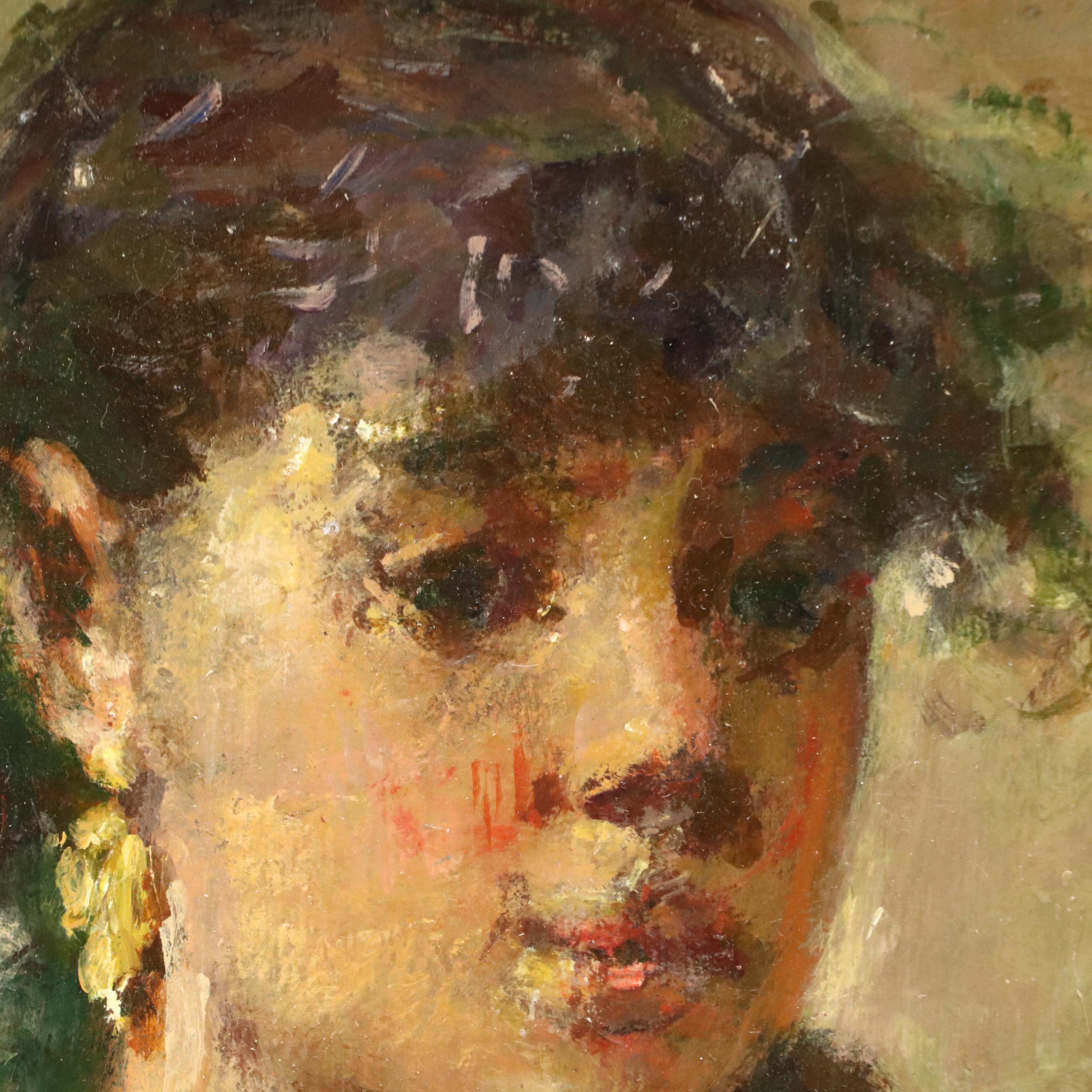 Portrait Oil on Board Painting of Young Woman, 20th Century
