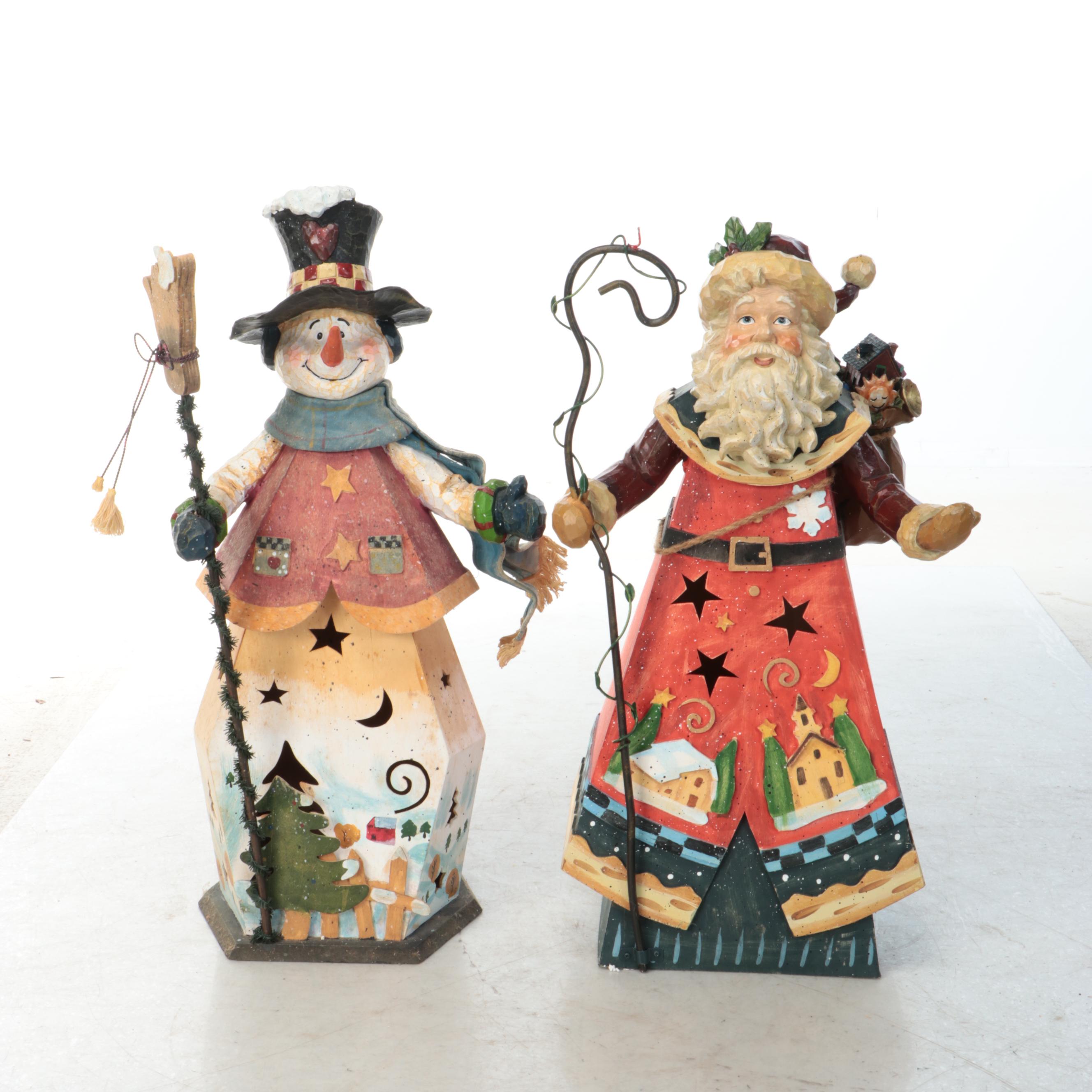 Grandeur Noel Wood Santa with Other Rustic Style Wood Snowman