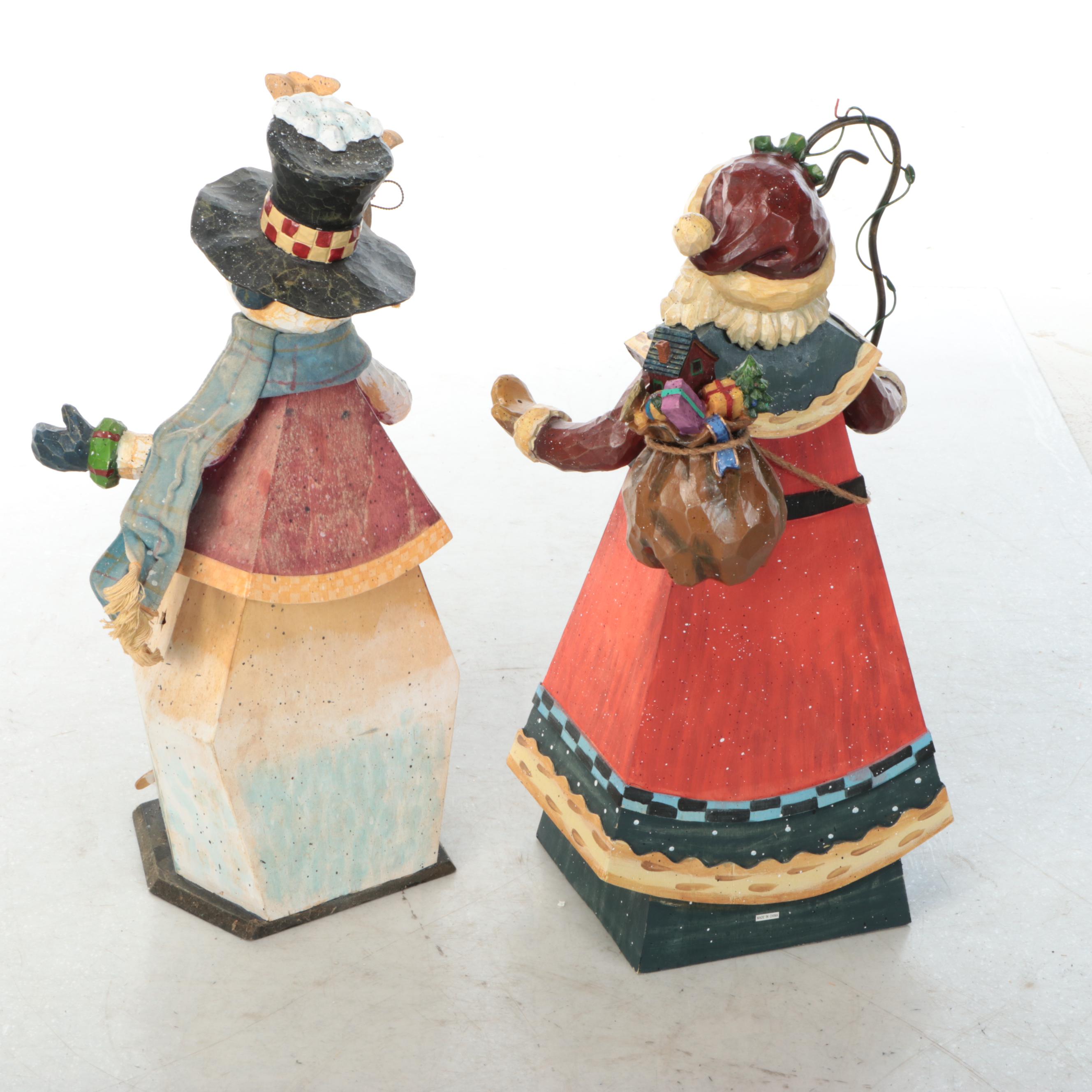 Grandeur Noel Wood Santa with Other Rustic Style Wood Snowman